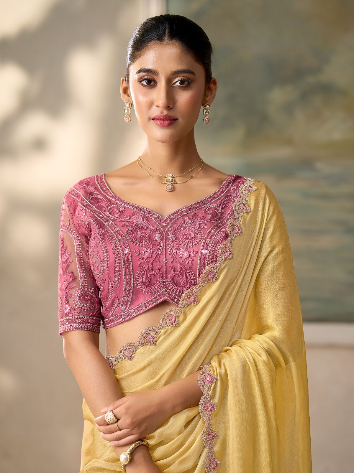 Lemon Yellow Regal Embroidered Saree with Blouse Piece