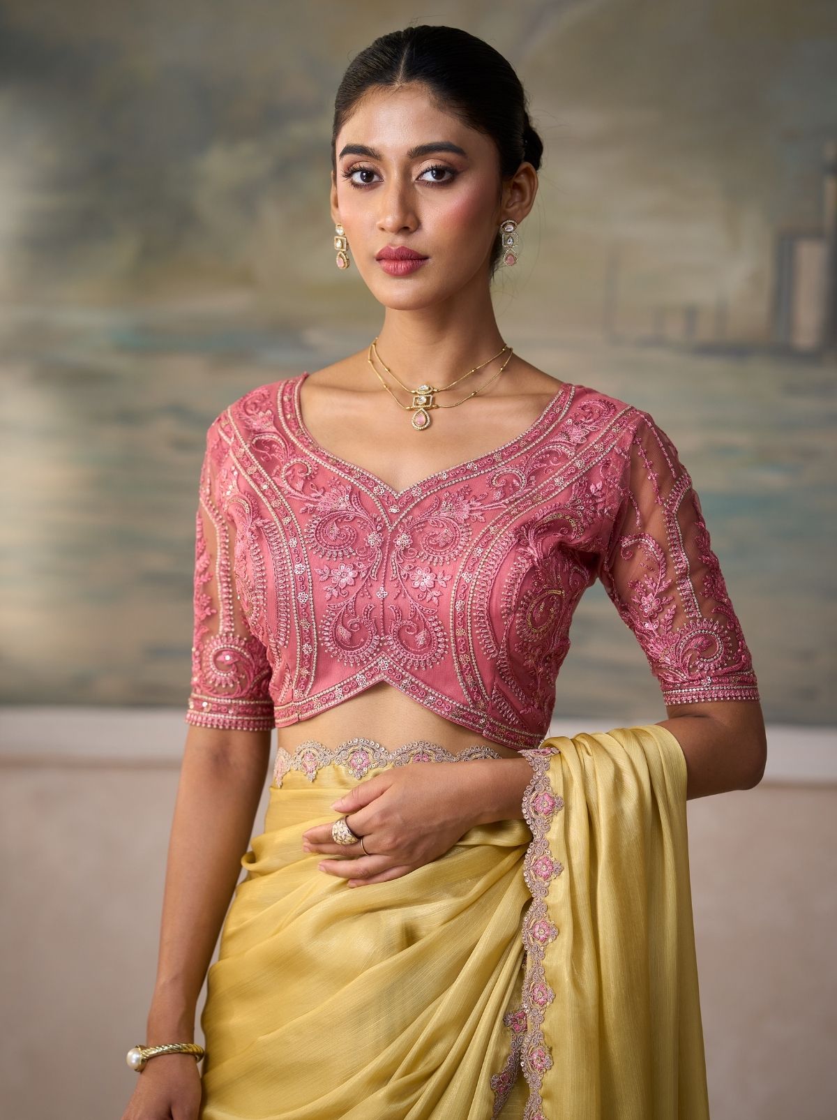 Lemon Yellow Regal Embroidered Saree & Net Blouse With Premium Base Liner