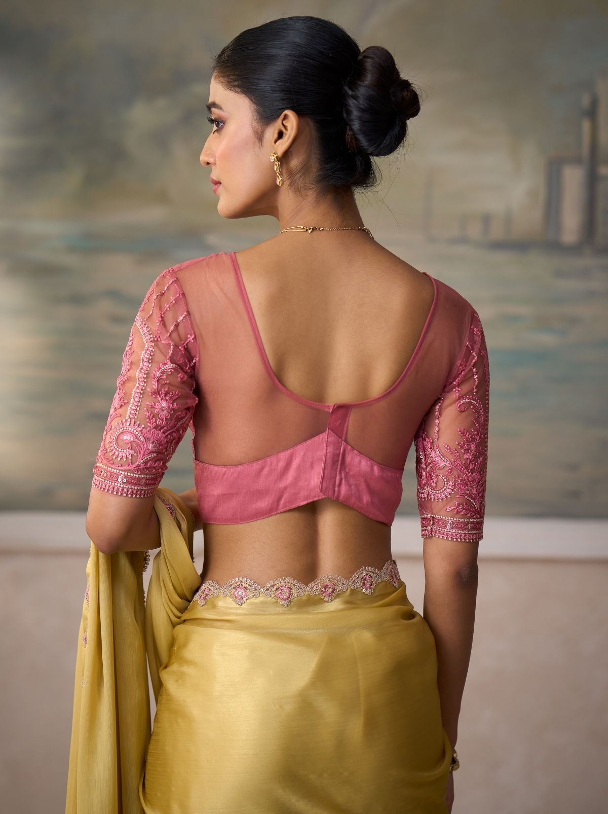 Lemon Yellow Regal Embroidered Saree & Net Blouse With Premium Base Liner