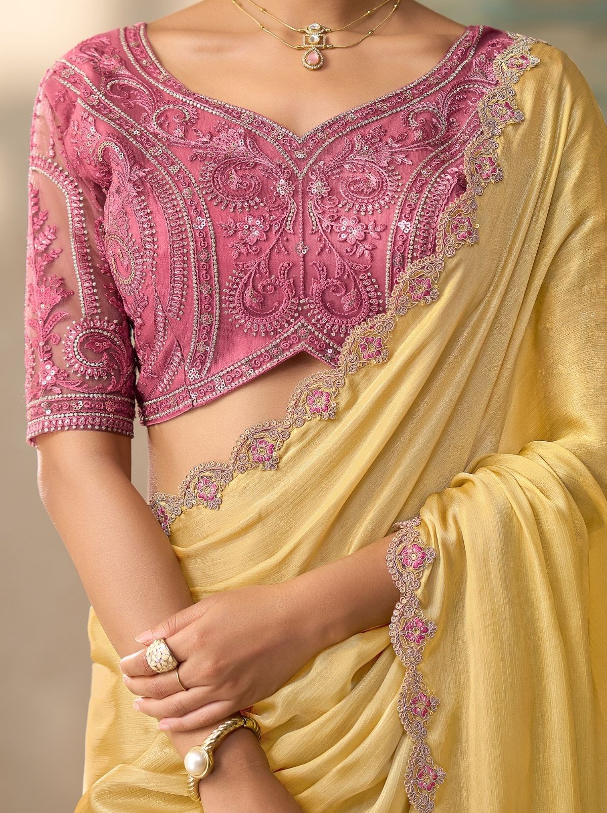 Lemon Yellow Regal Embroidered Saree & Net Blouse With Premium Base Liner