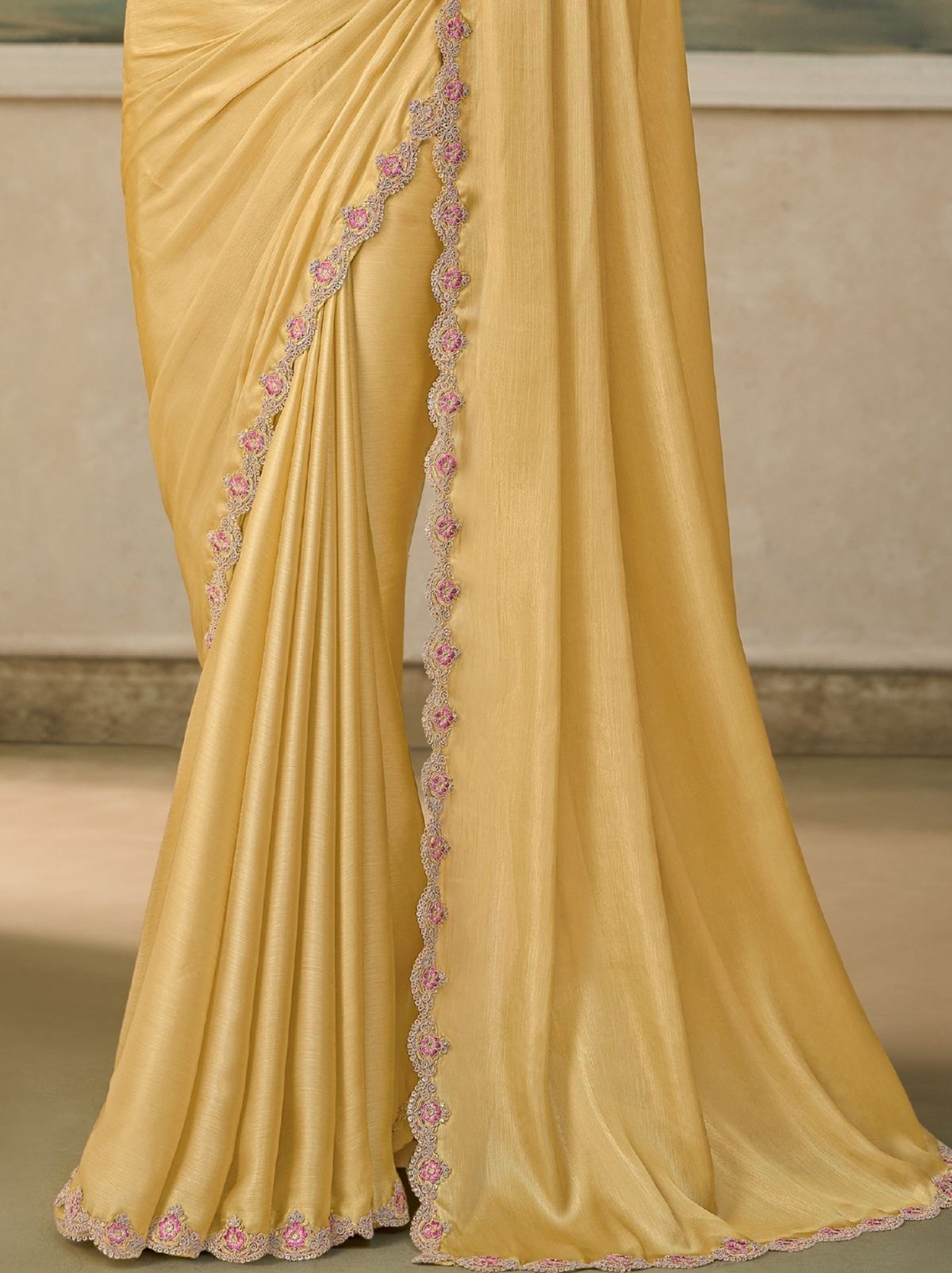 Lemon Yellow Regal Embroidered Saree & Net Blouse With Premium Base Liner
