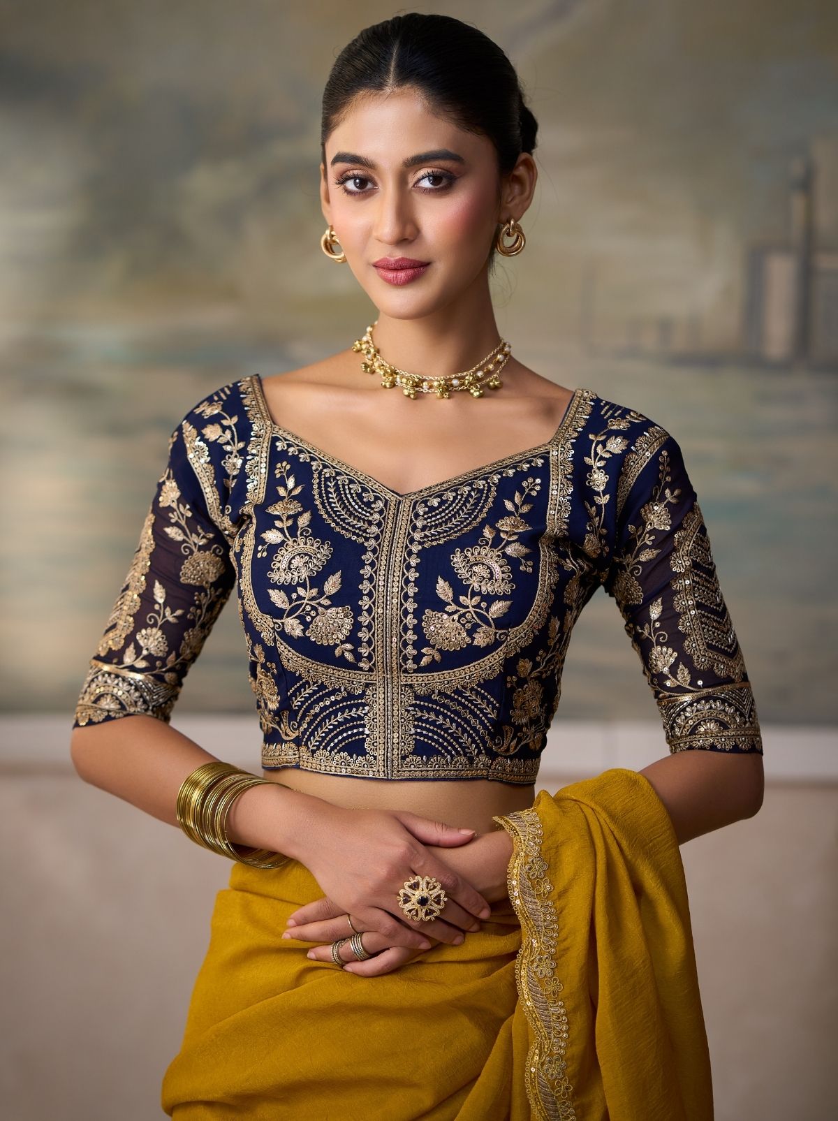 Mustard Yellow Regal Embroidered Saree with Designer Blouse
