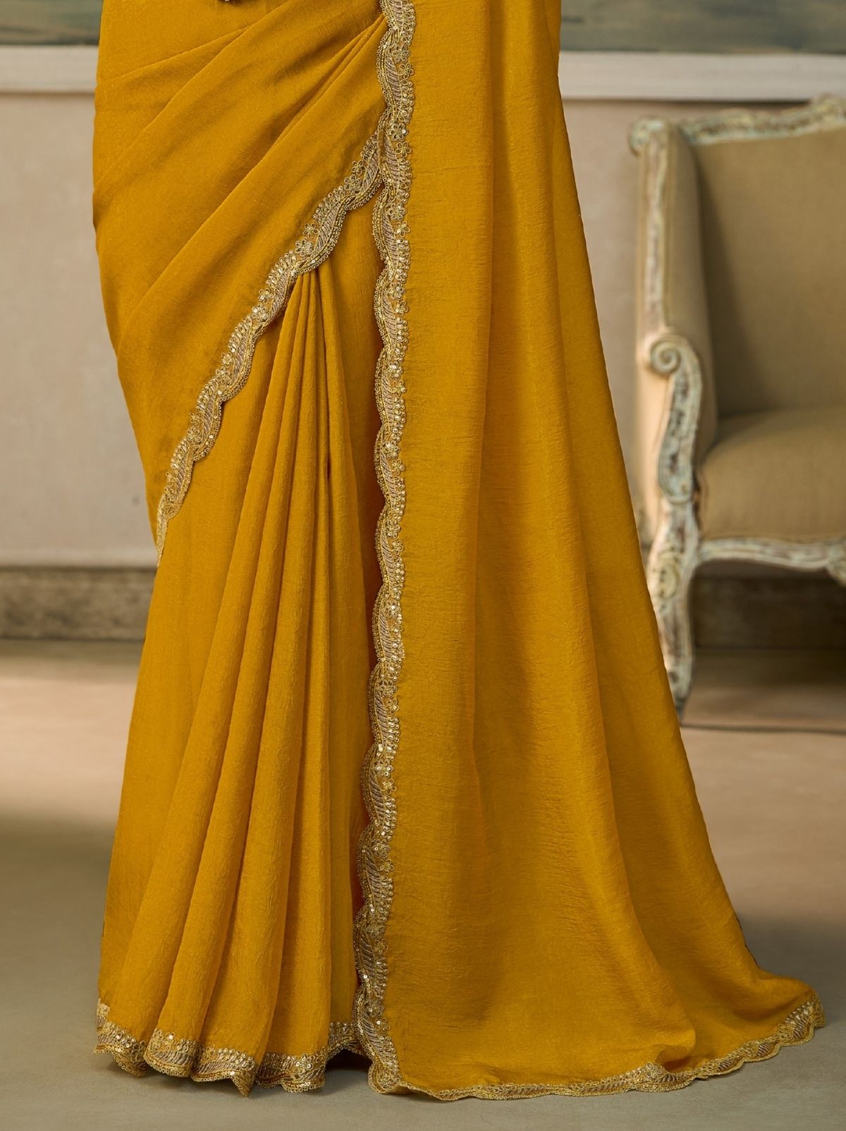 Mustard Yellow Regal Embroidered Saree with Designer Blouse