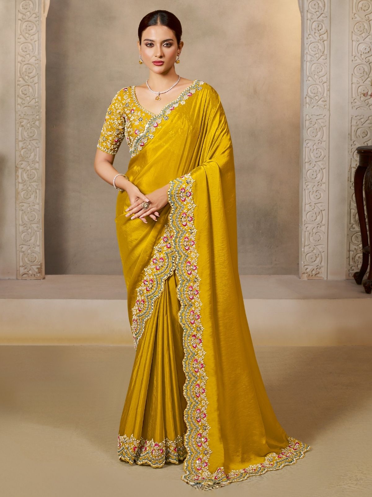 Tuscany Yellow Soft Satin Silk Wedding Saree With Blouse Piece