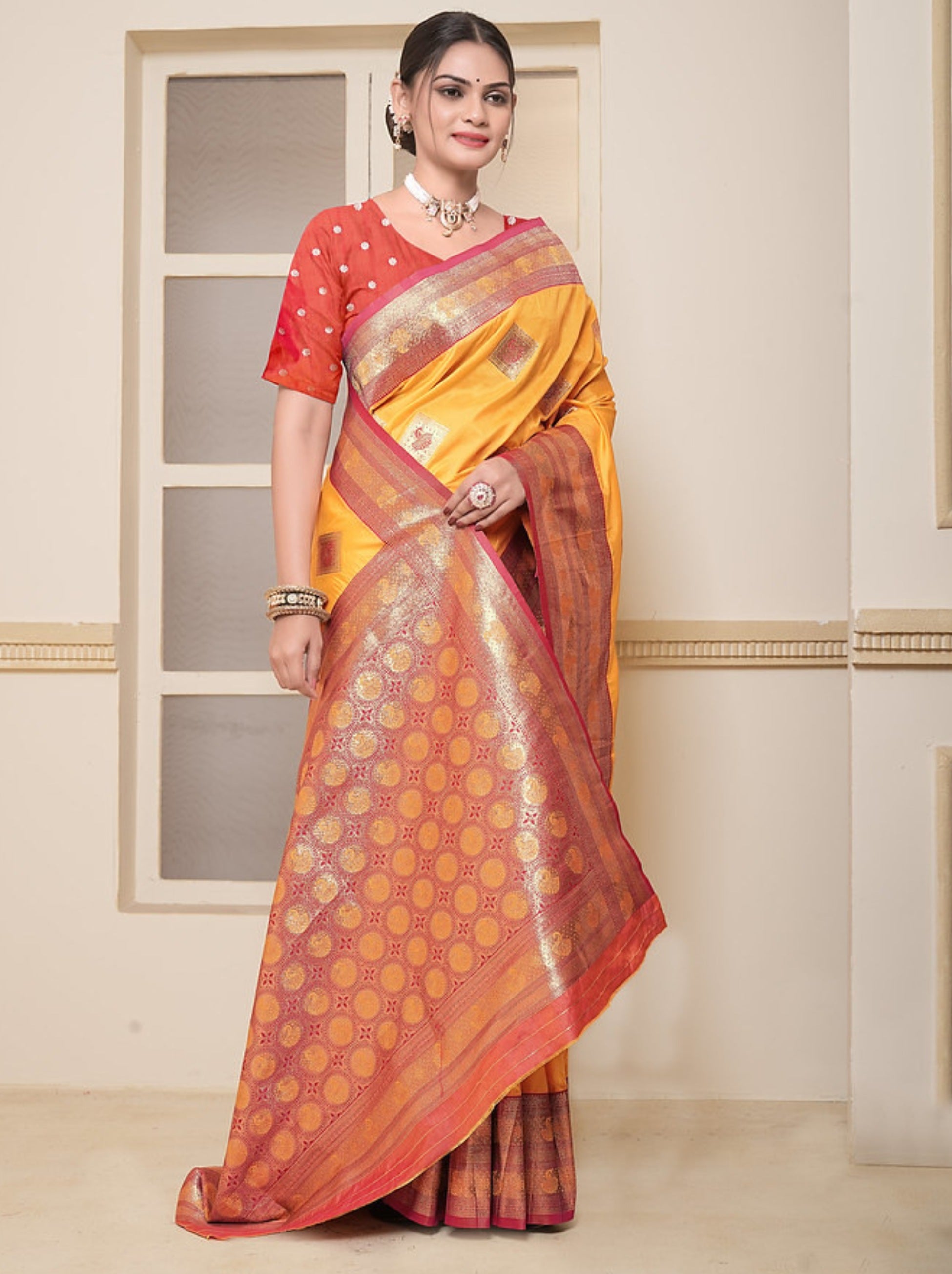 Cyber Yellow Soft Silk Paithani Saree With Contrast Blouse Piece - TrendOye