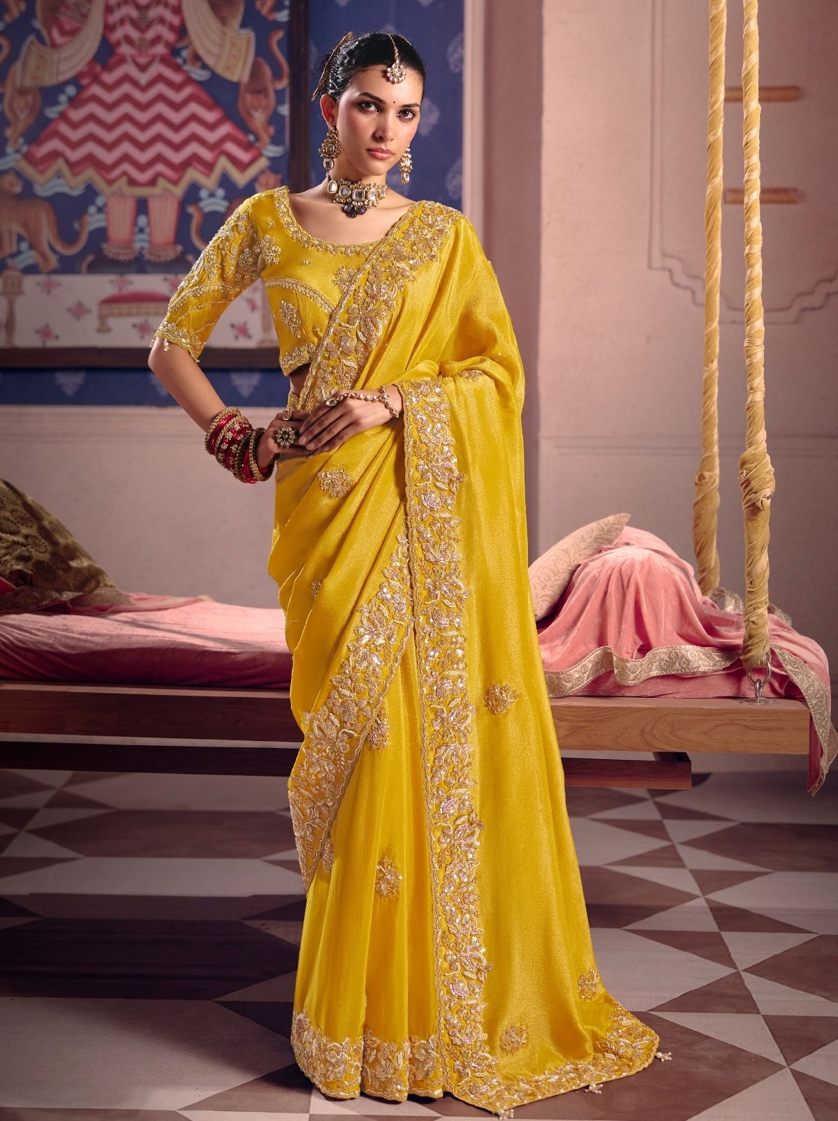 Sunflower Yellow Tissue Silk Saree with Luxurious Zari & Embroidered Border