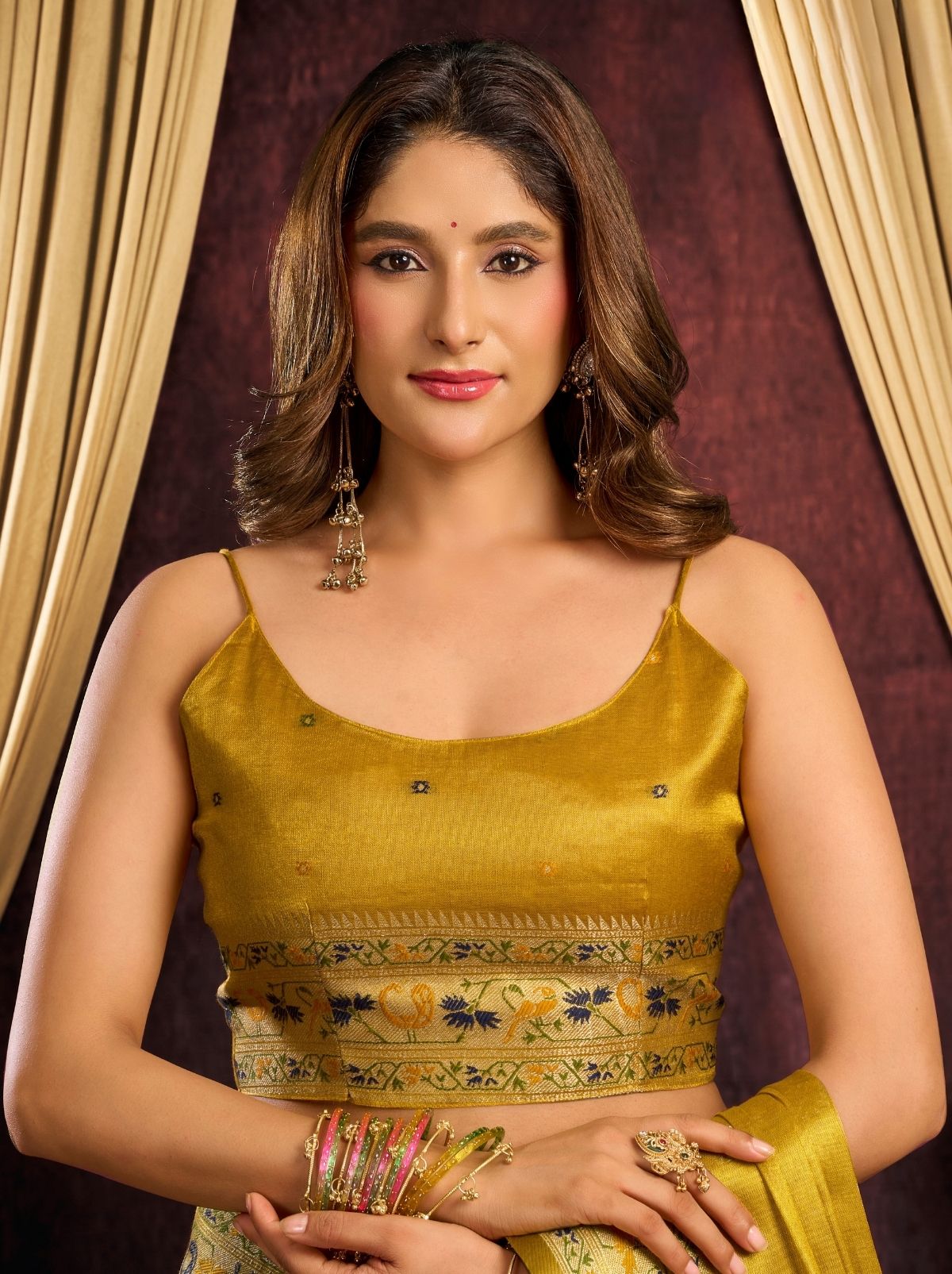 Ochre Yellow Tissue Silk Saree with Soft Zari & Tassels