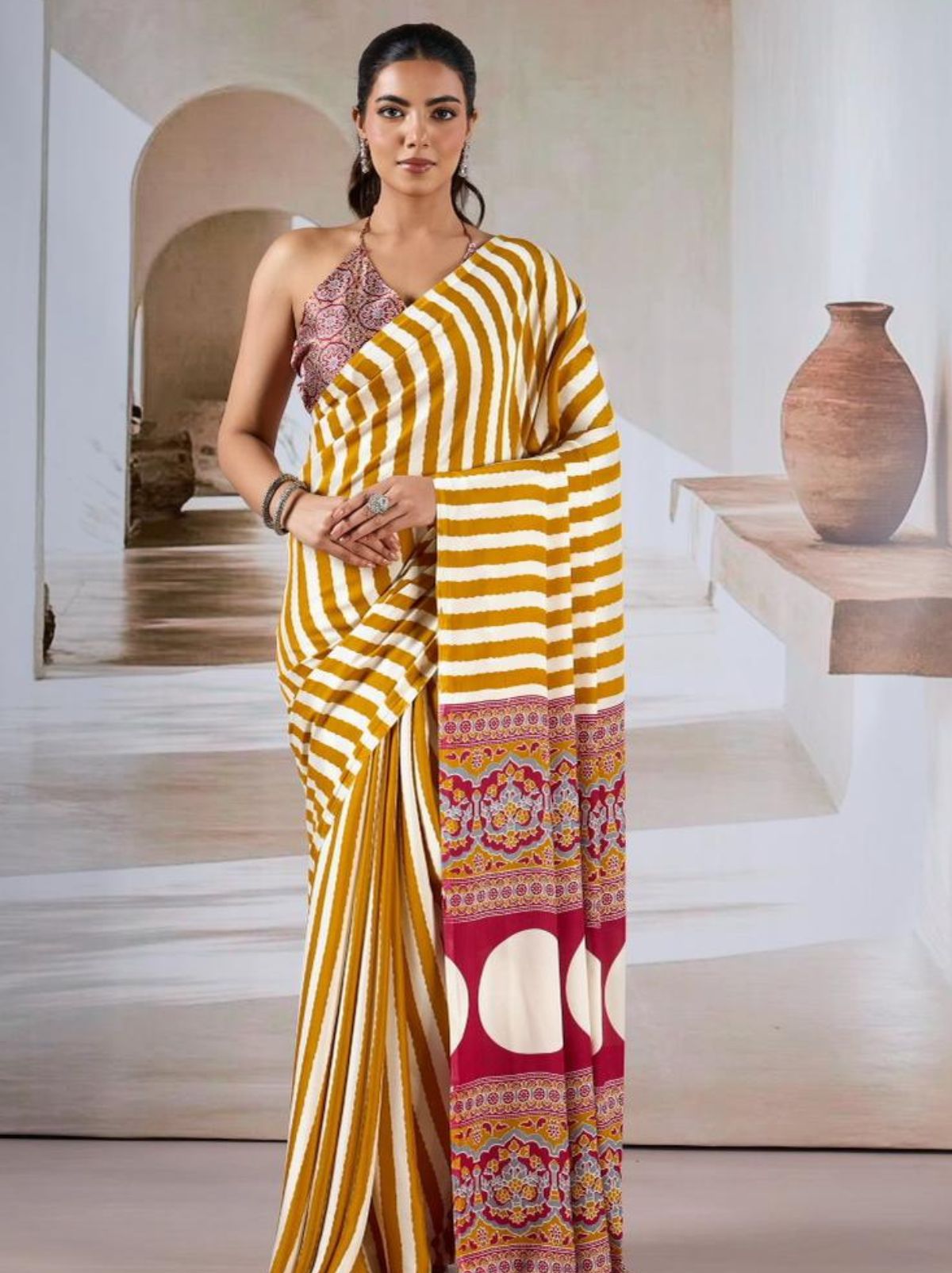 Tuscany Yellow Trendy Striped Ajrakh Print Saree With Blouse Piece - TrendOye