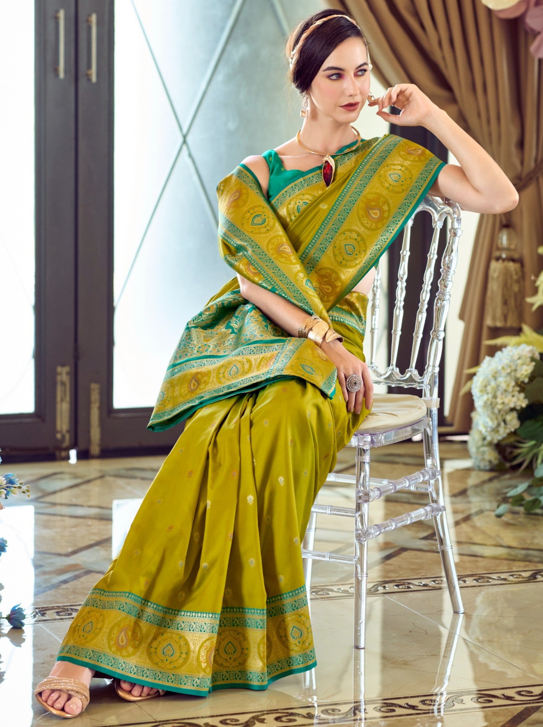 Alge Yellow Festive Saree - TrendOye