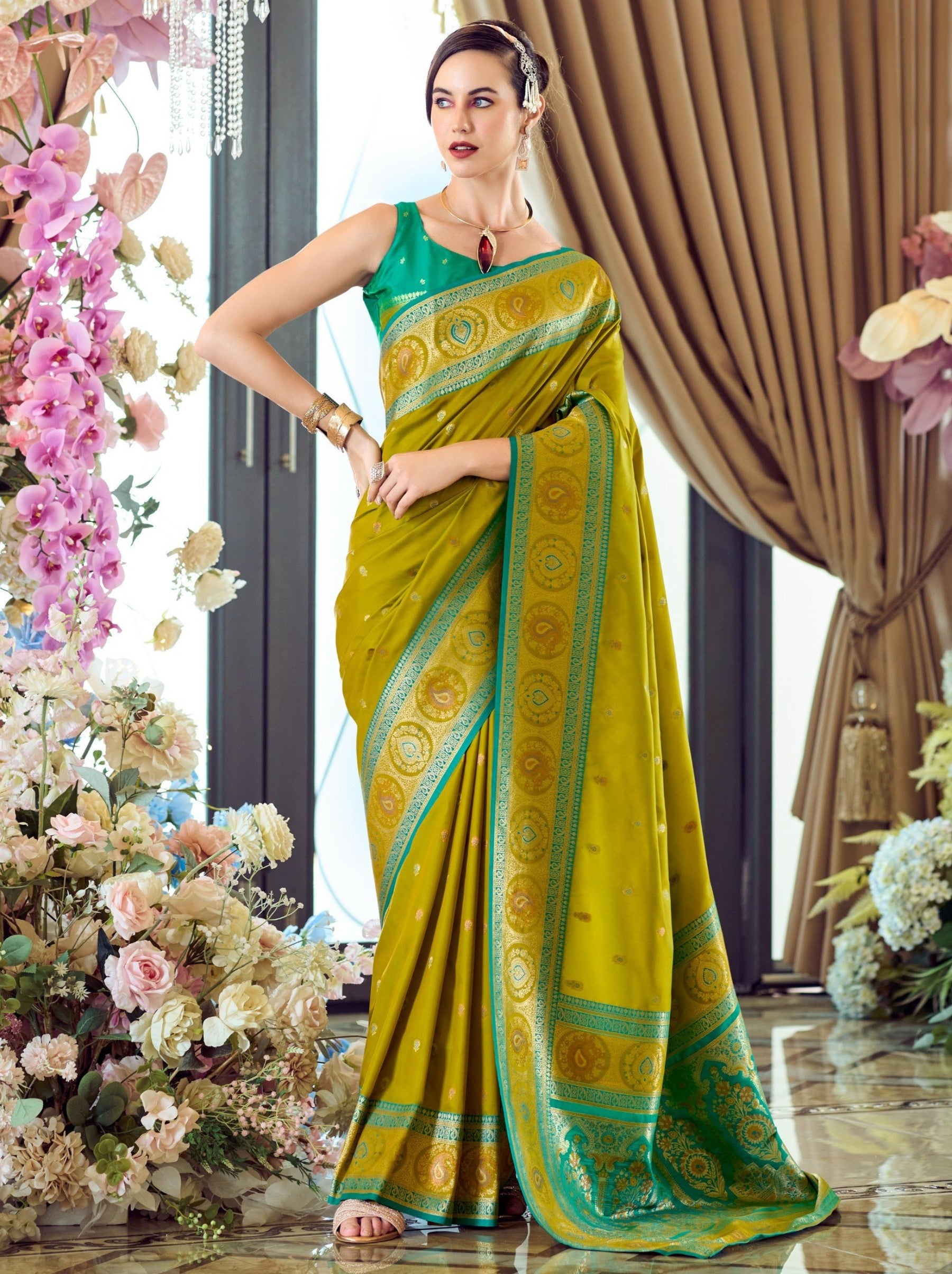 Alge Yellow Festive Saree - TrendOye