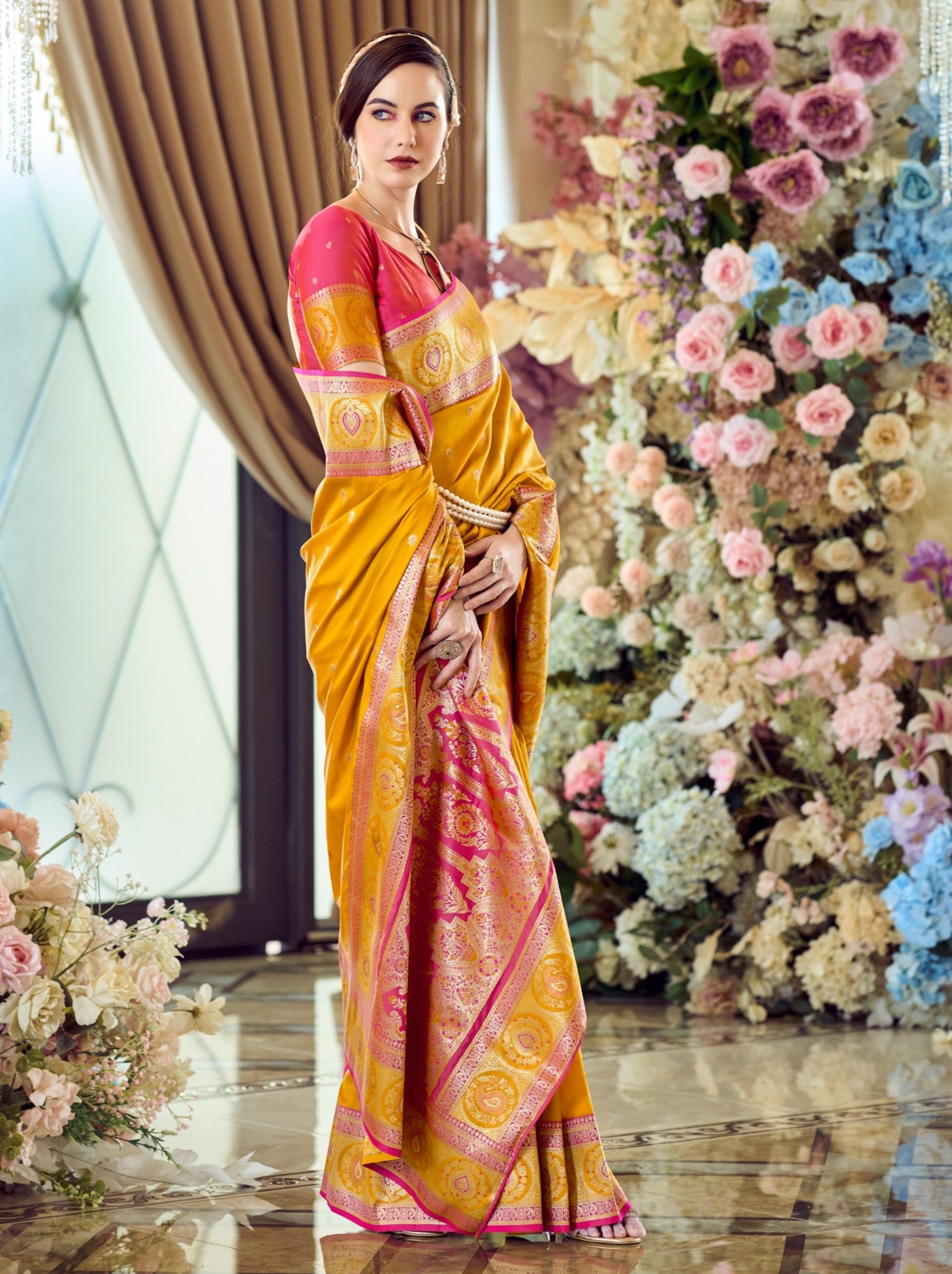 Mustard Yellow Festive Saree - TrendOye