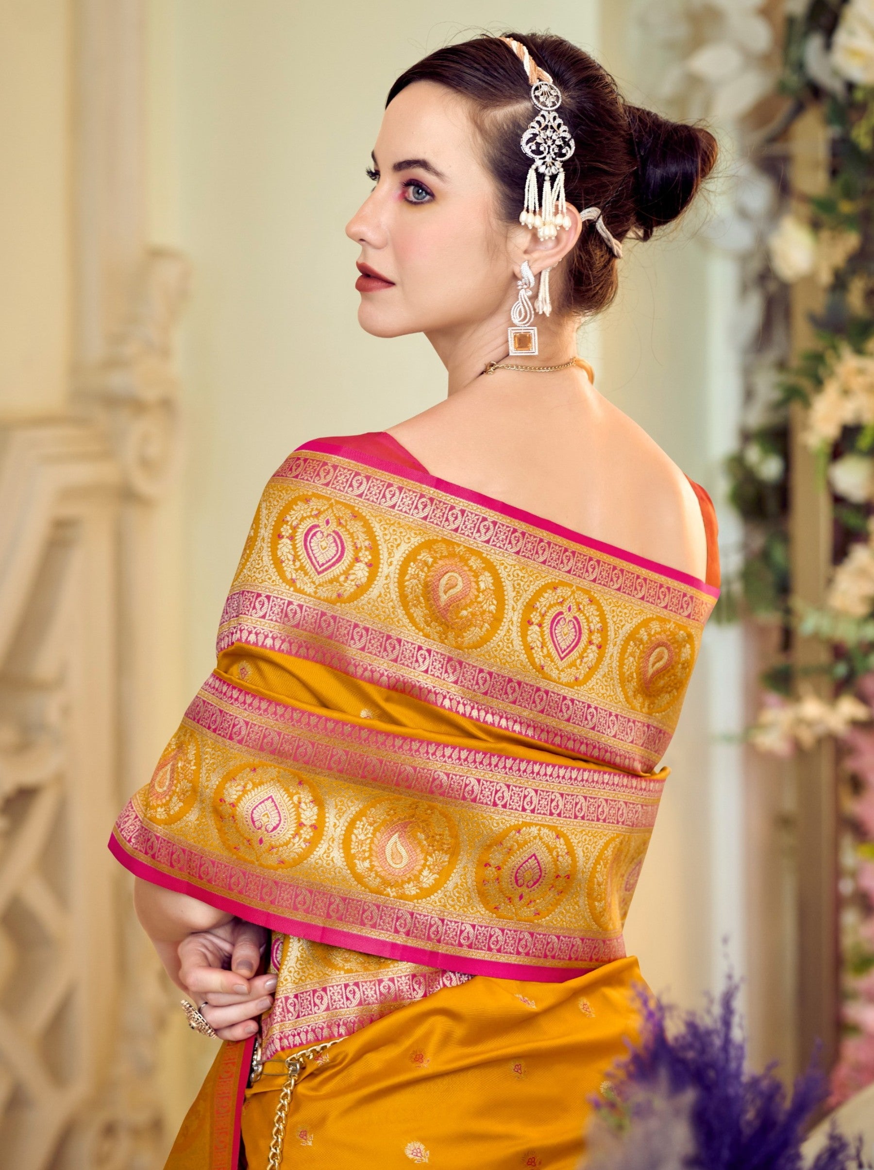 Mustard Yellow Festive Saree - TrendOye