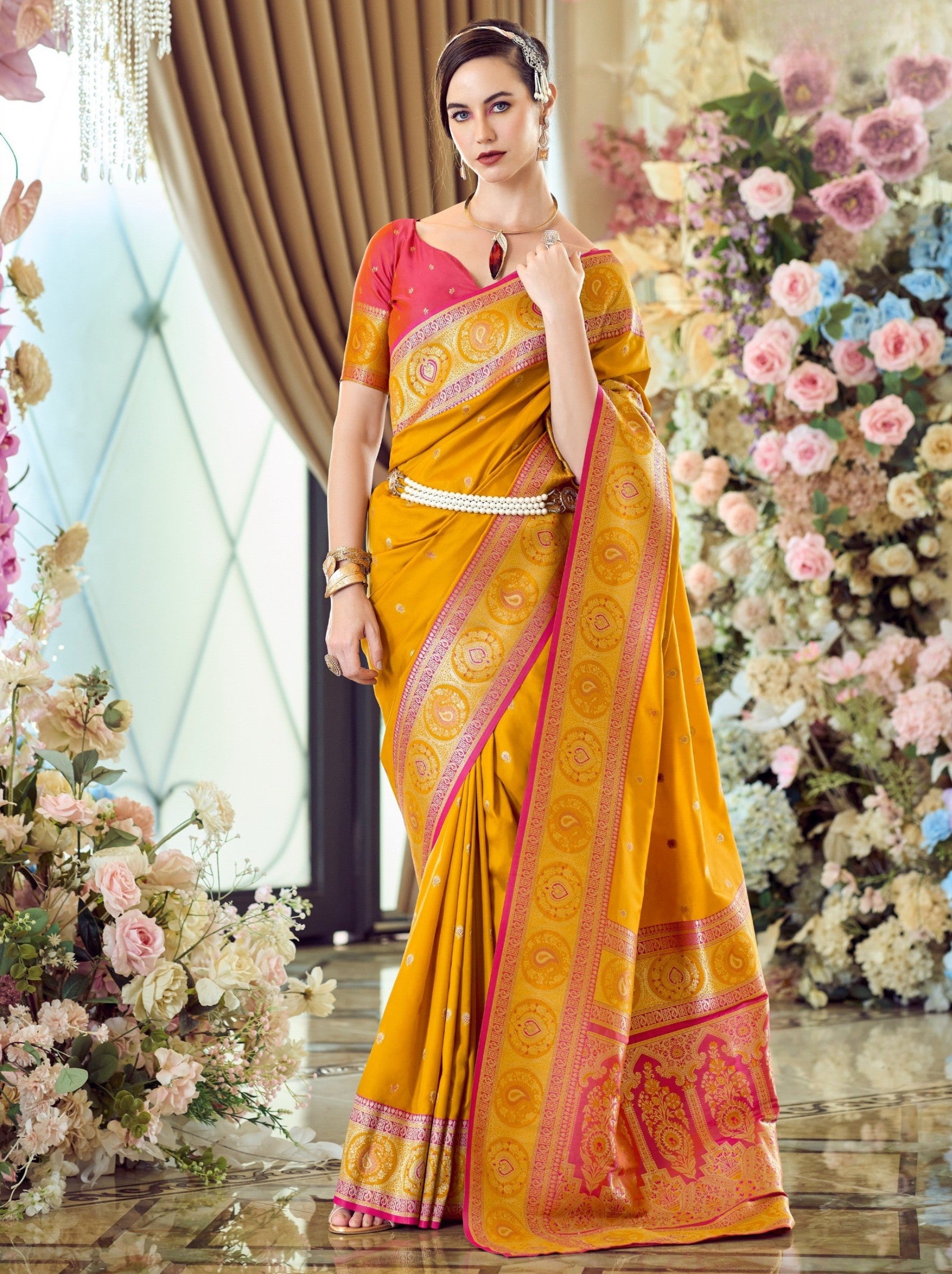Mustard Yellow Festive Saree - TrendOye