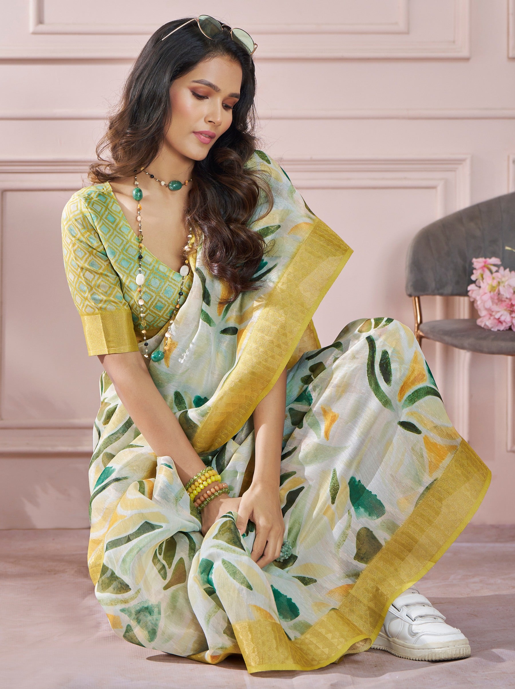 Light Goldenrod Yellow Celebration Saree - TrendOye