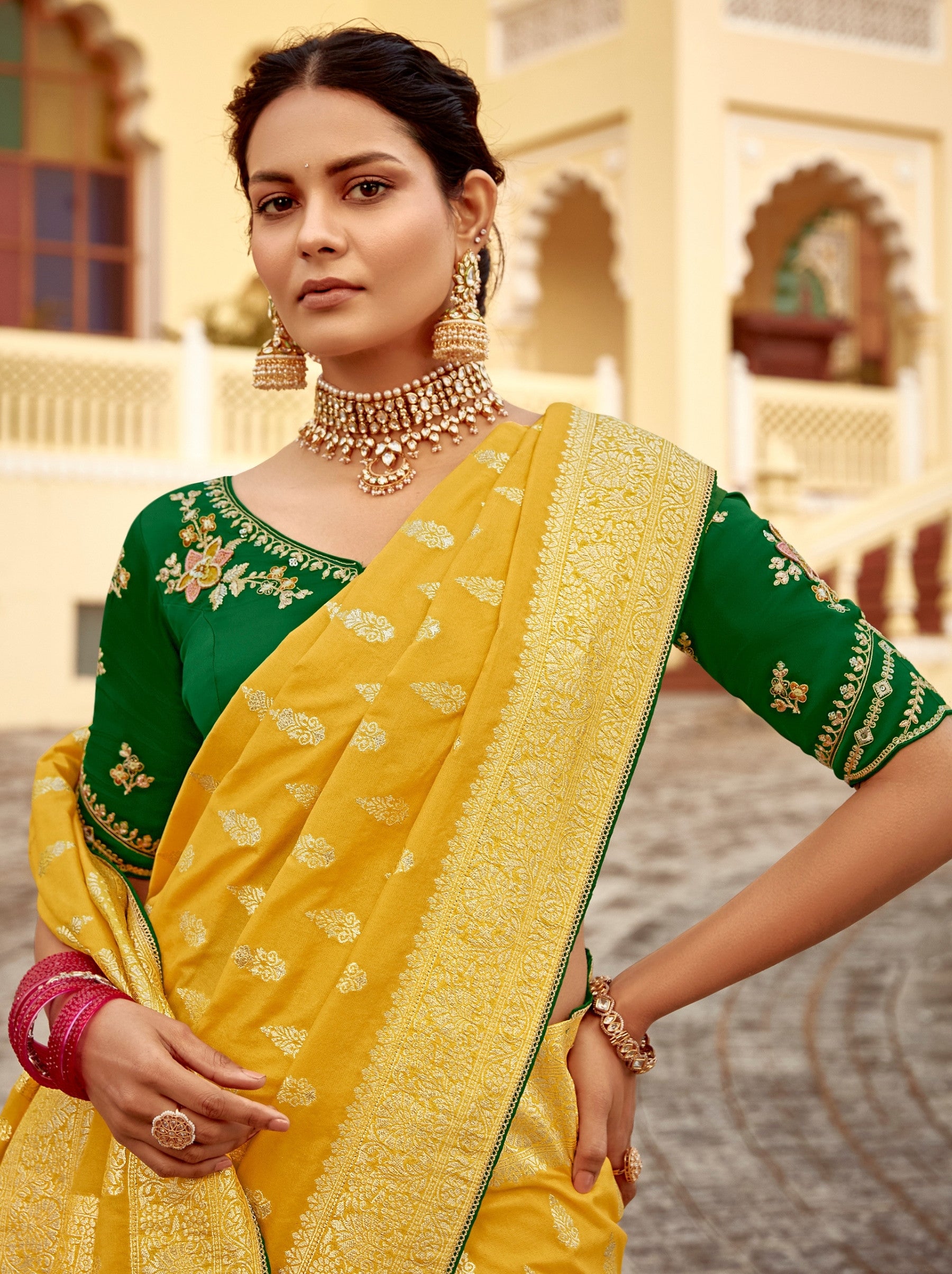 Tuscany Yellow Designer Dola Silk Wedding Saree - TrendOye