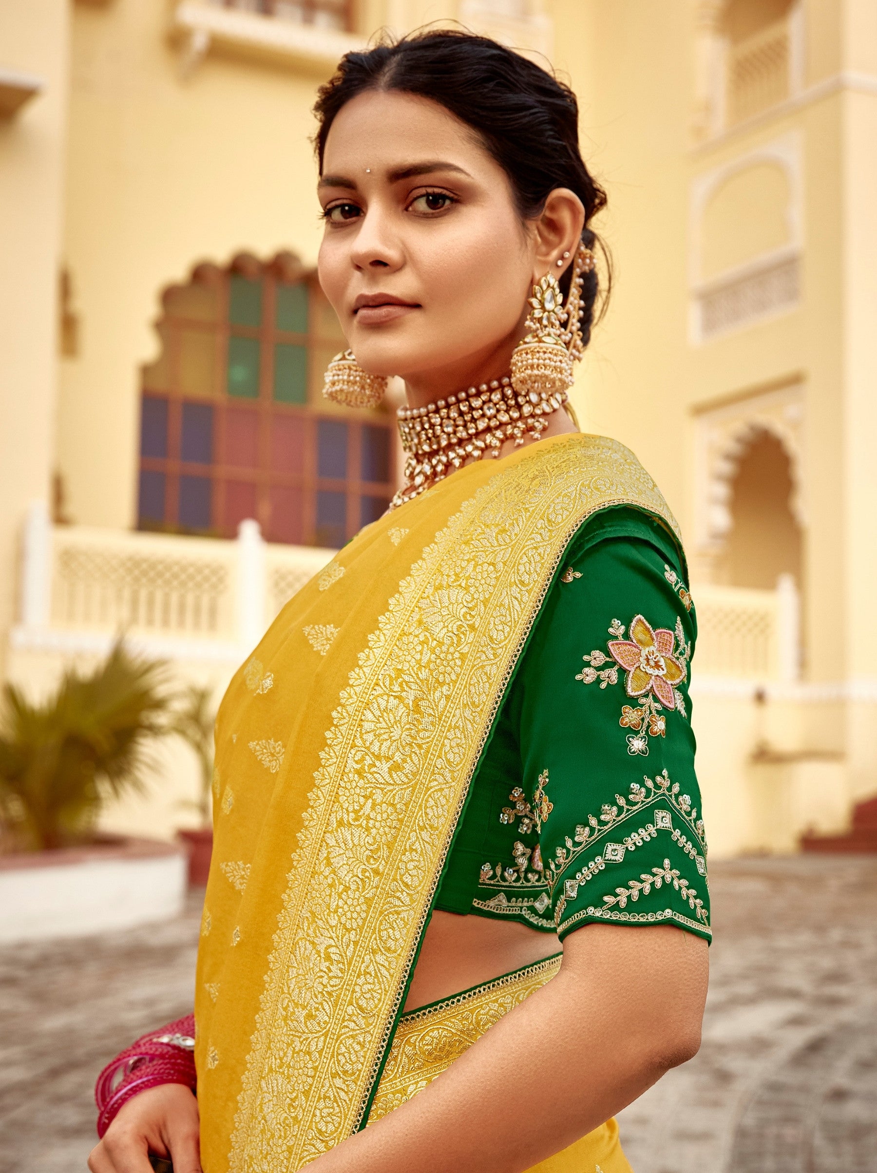 Tuscany Yellow Designer Dola Silk Wedding Saree - TrendOye