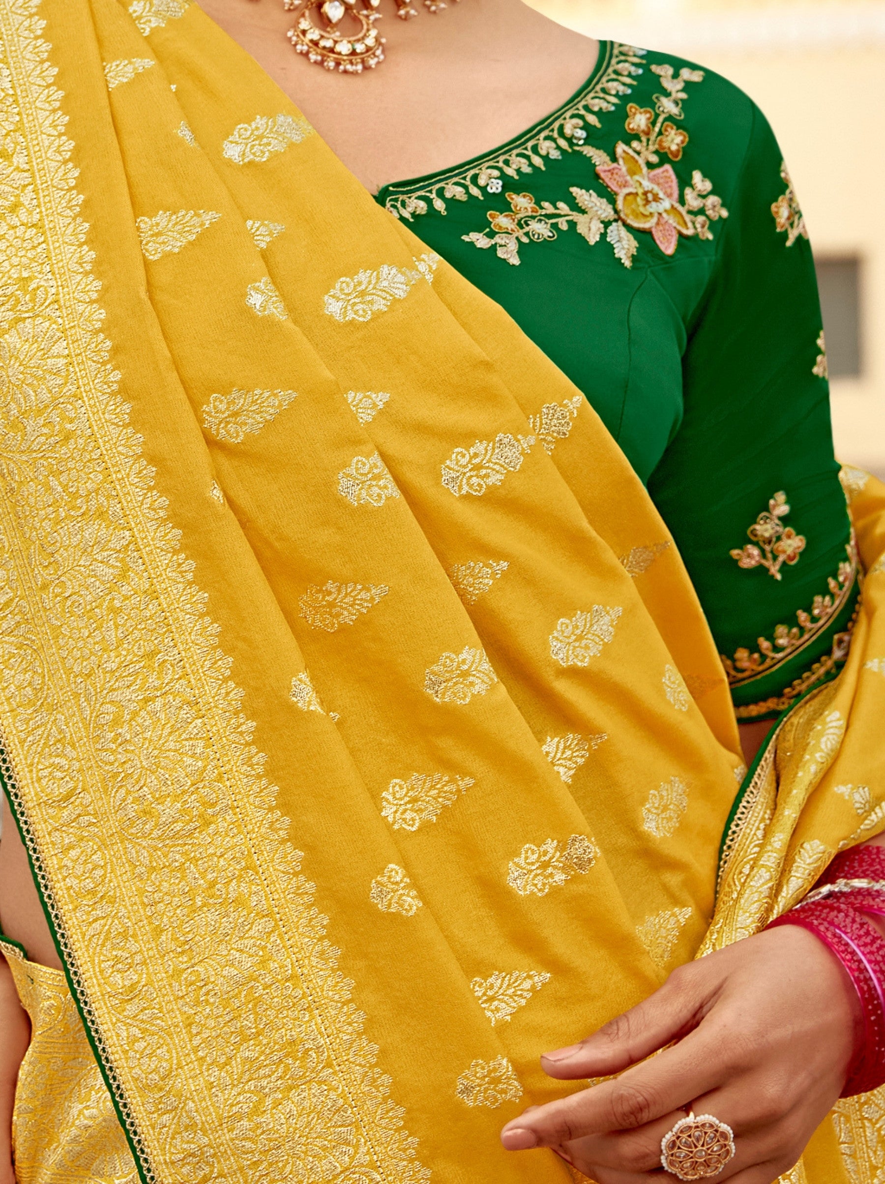 Tuscany Yellow Designer Dola Silk Wedding Saree - TrendOye