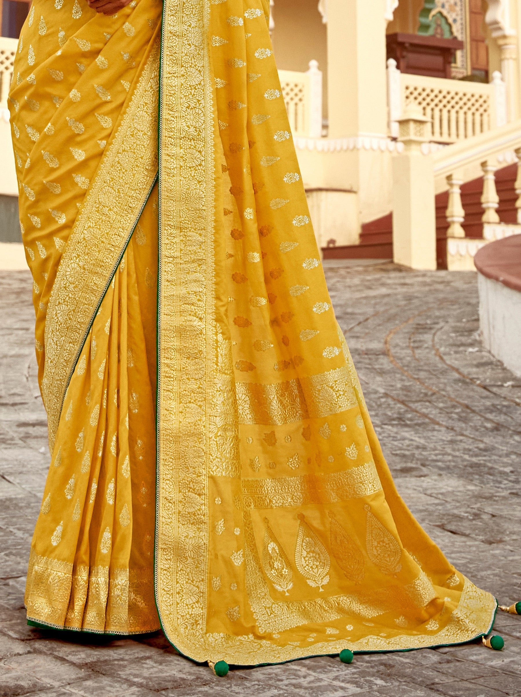 Tuscany Yellow Designer Dola Silk Wedding Saree - TrendOye