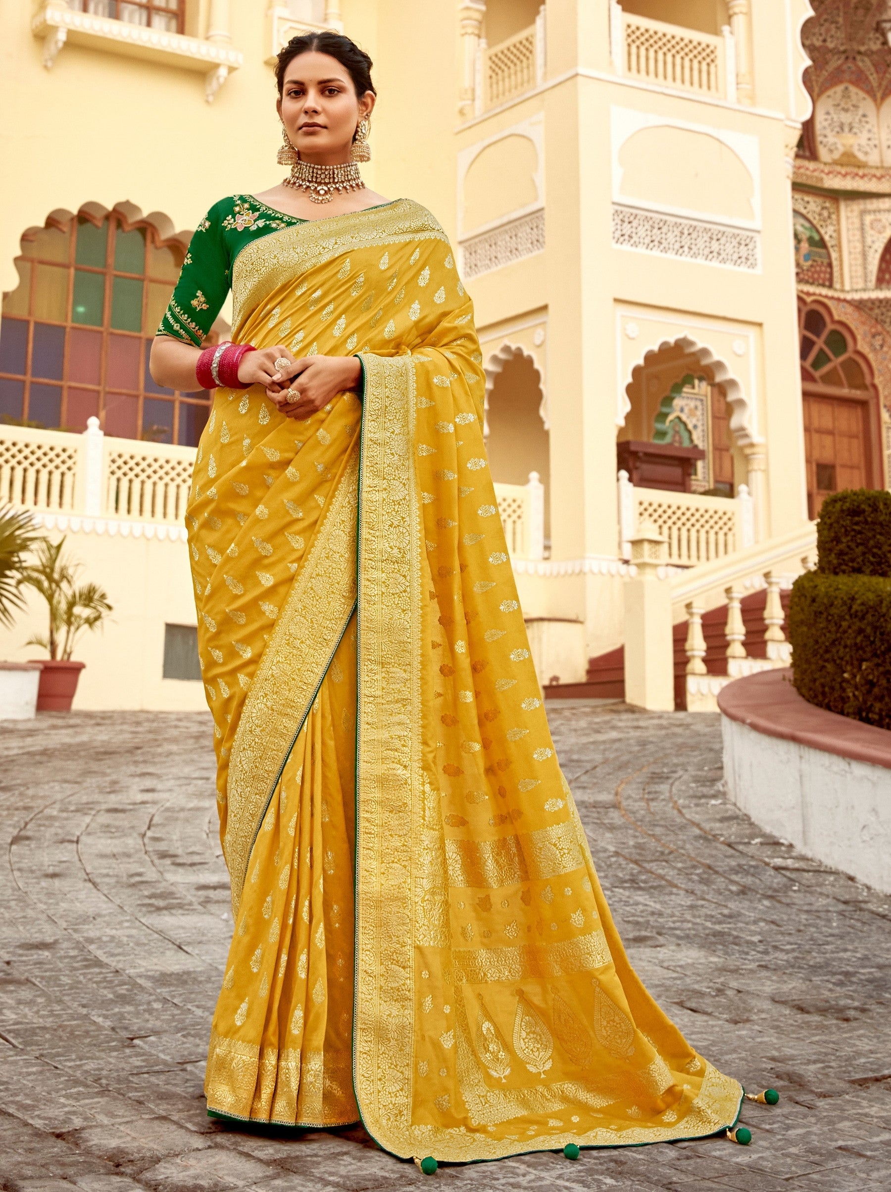 Tuscany Yellow Designer Dola Silk Wedding Saree - TrendOye