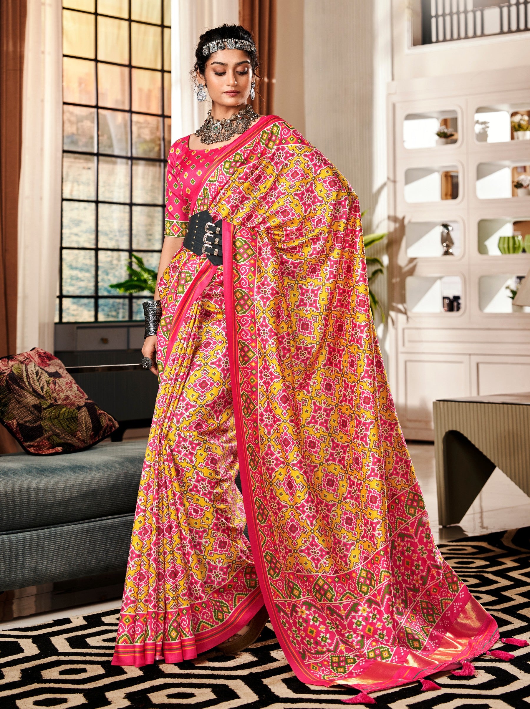 Cyber Yellow Patola Festive Saree - TrendOye