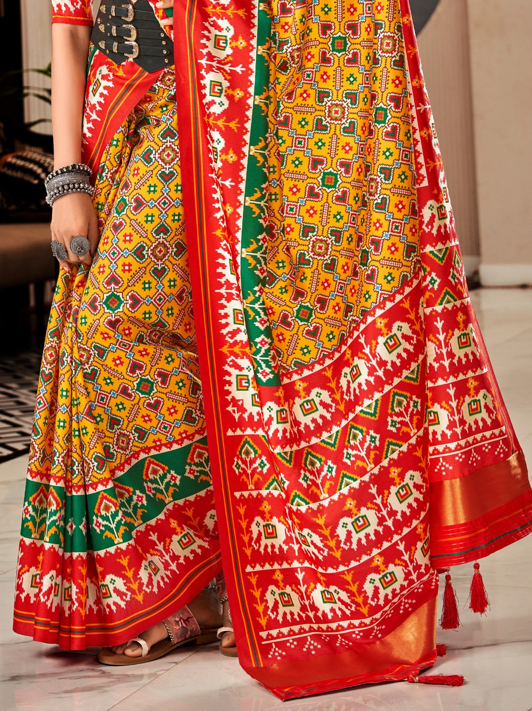 Bold Yellow Patola Festive Saree - TrendOye