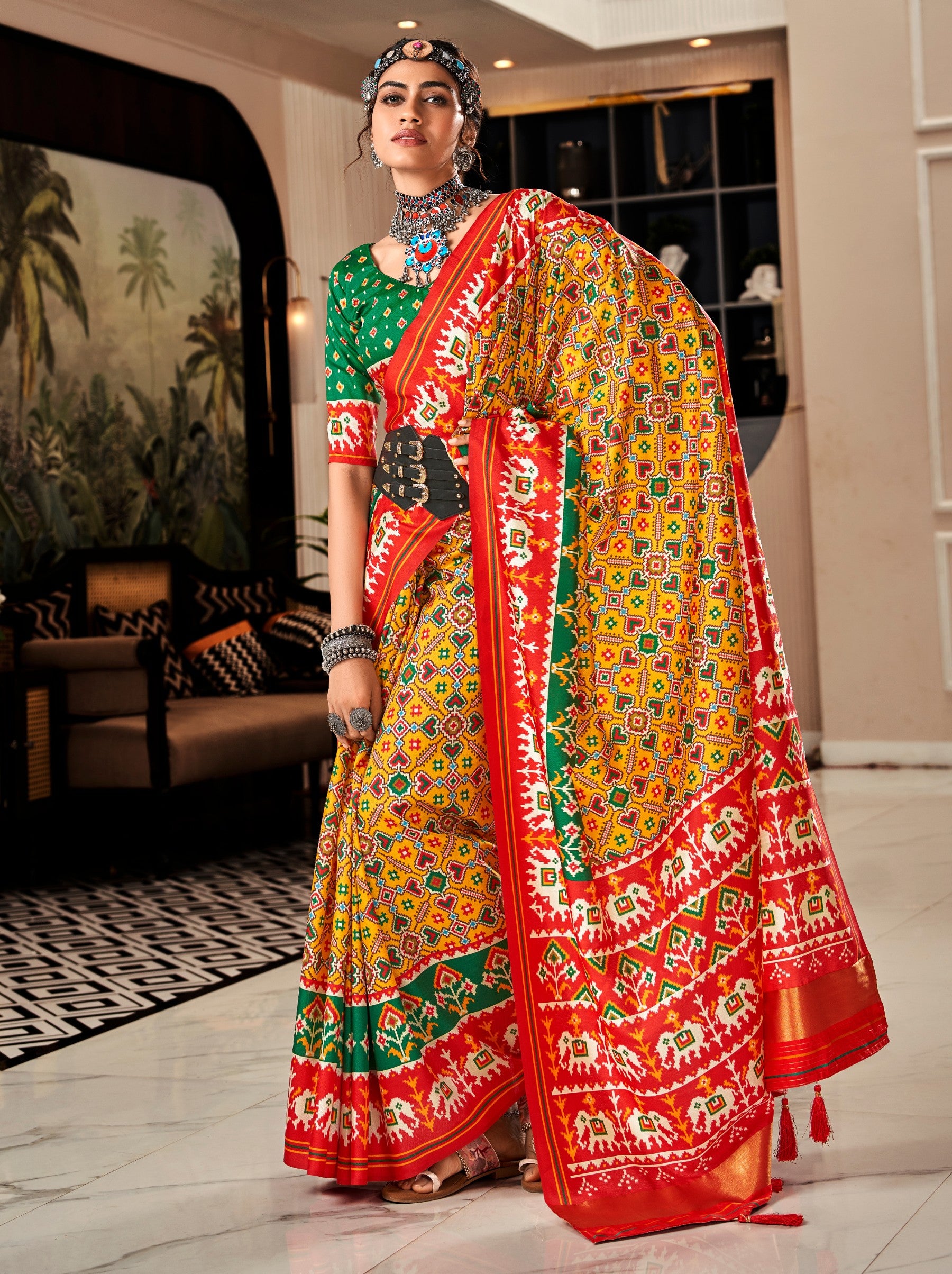 Bold Yellow Patola Festive Saree - TrendOye