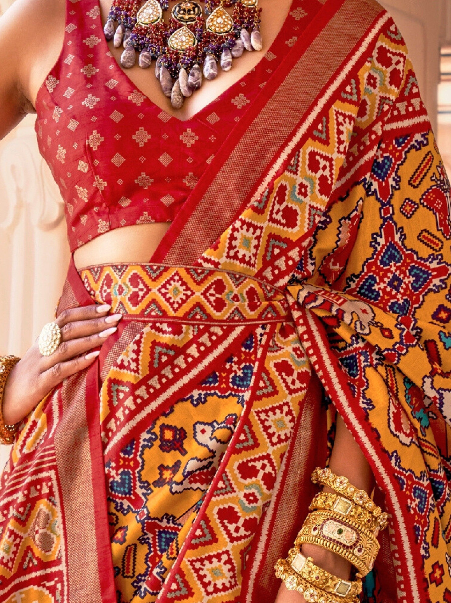 Saffron Yellow Patola Festive Saree - TrendOye