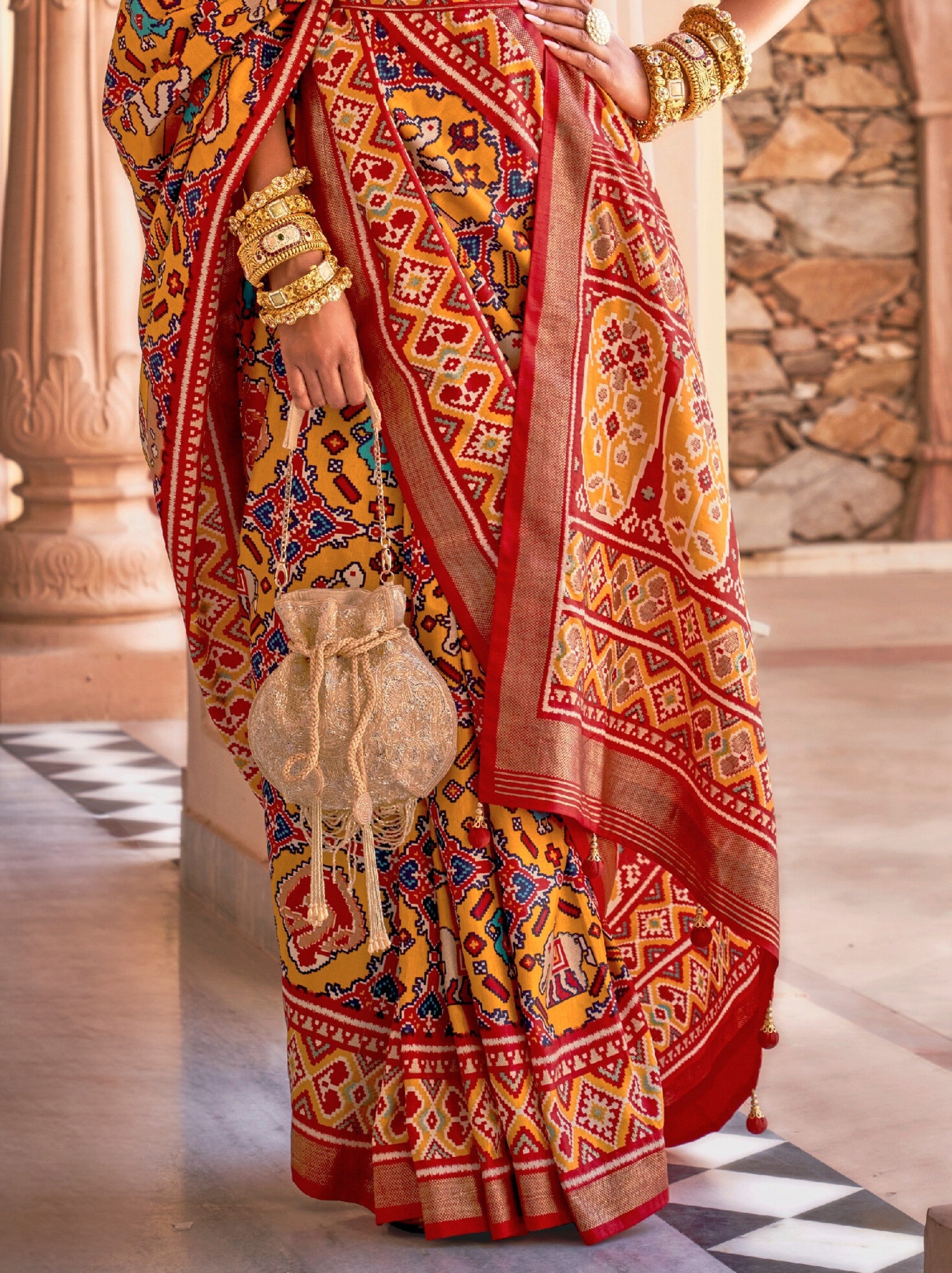 Saffron Yellow Patola Festive Saree - TrendOye