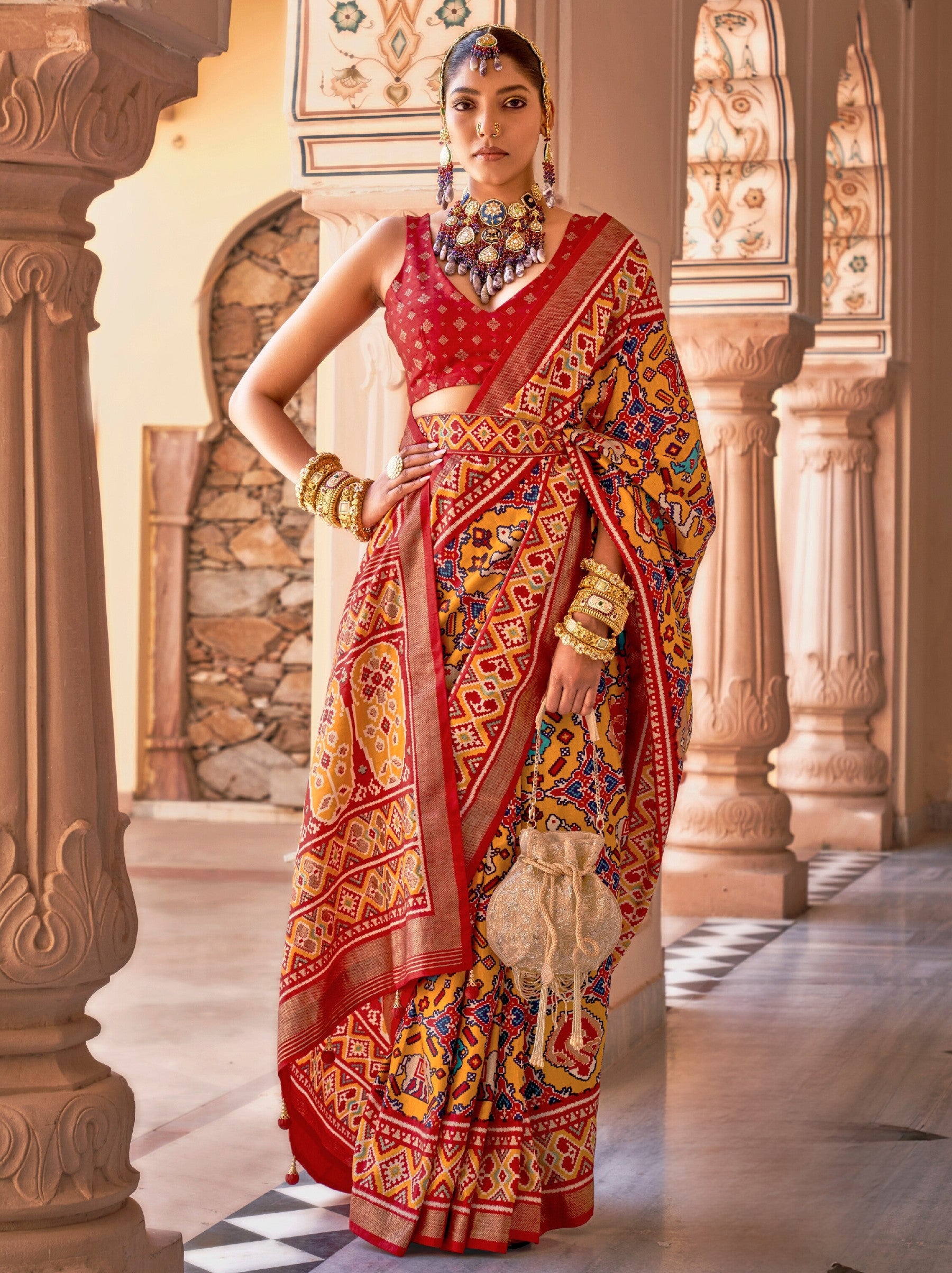 Saffron Yellow Patola Festive Saree - TrendOye