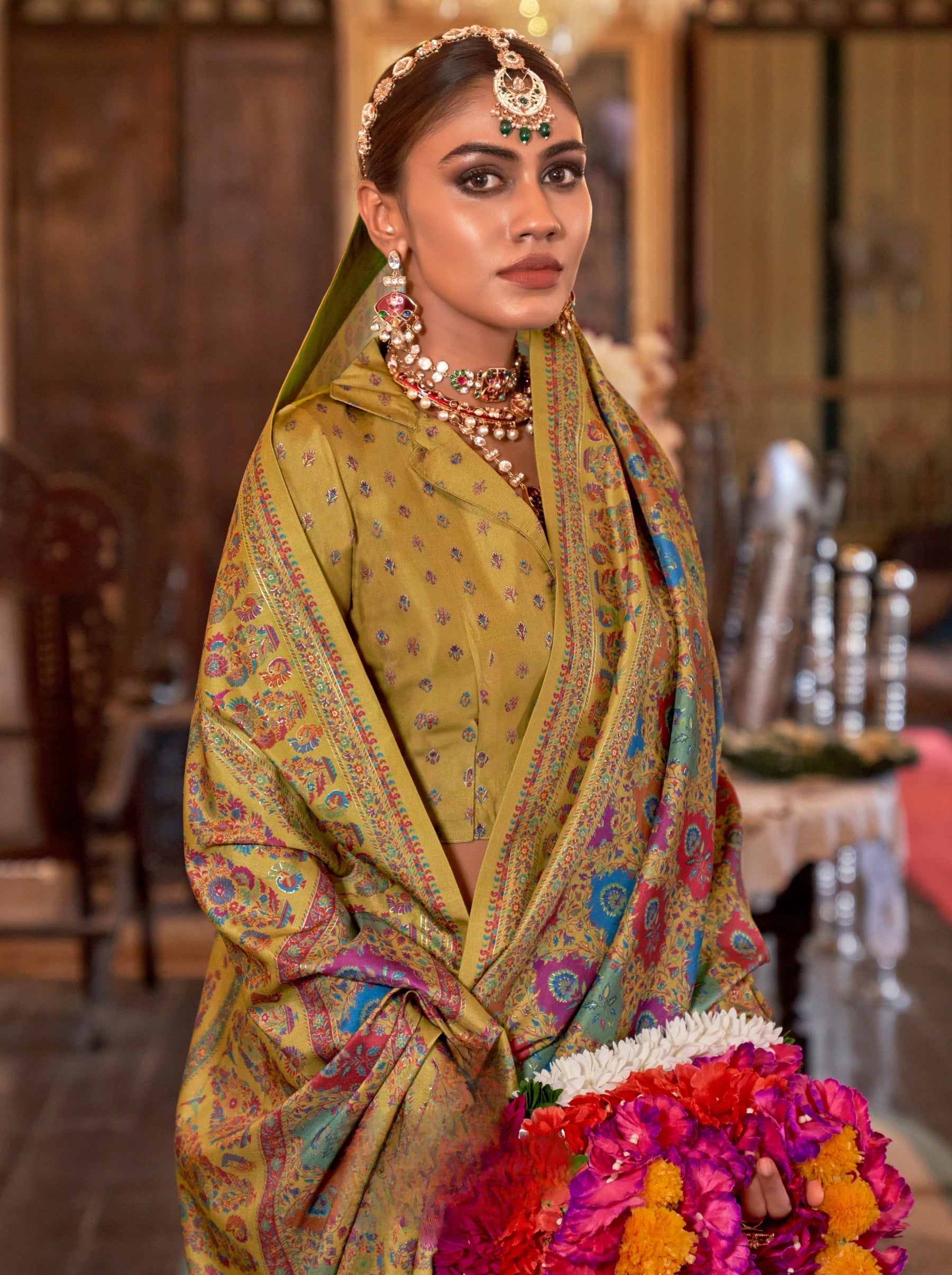 Flaxen Yellow Fancy Silk Party Saree - TrendOye