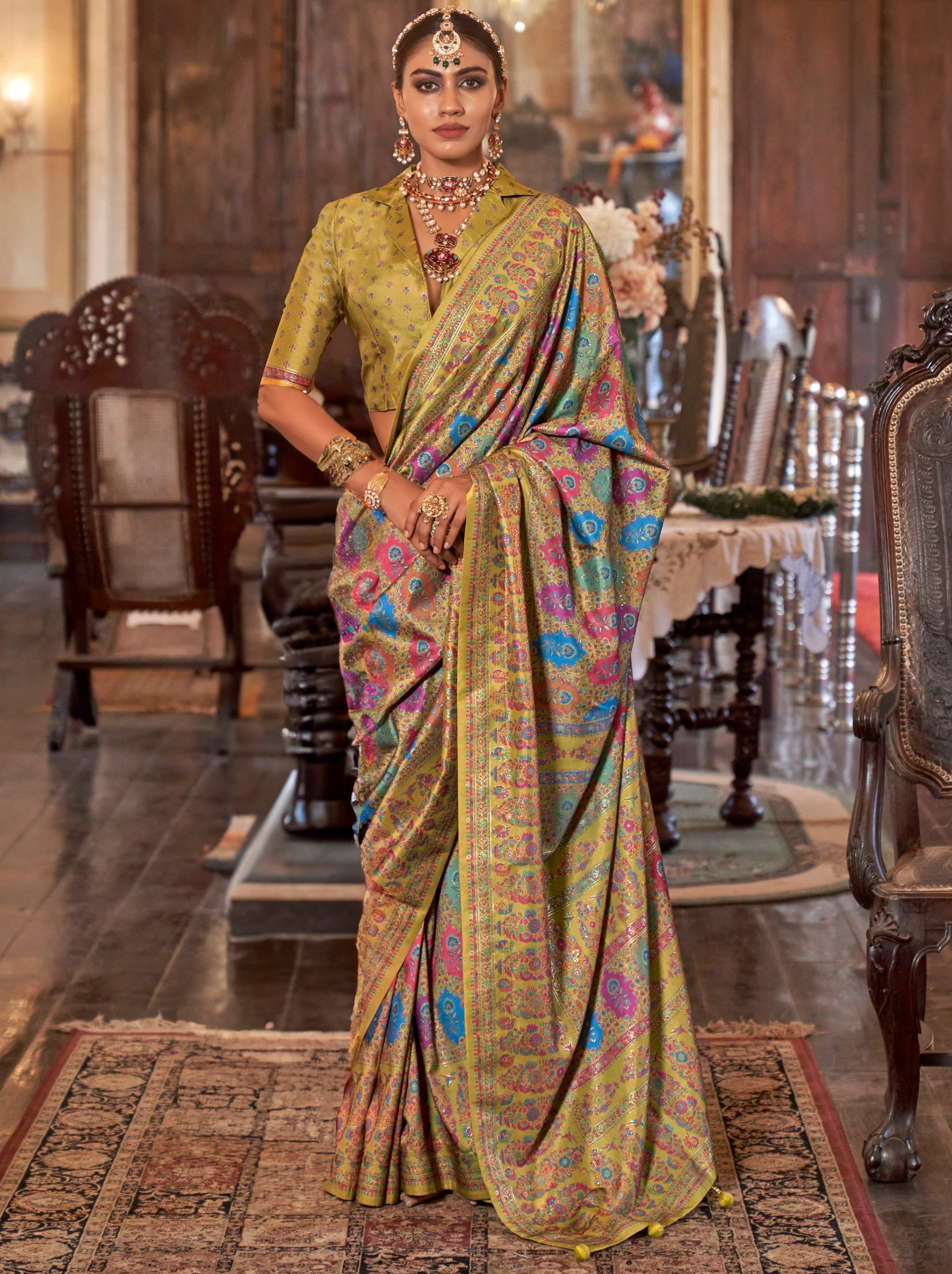 Flaxen Yellow Fancy Silk Party Saree - TrendOye