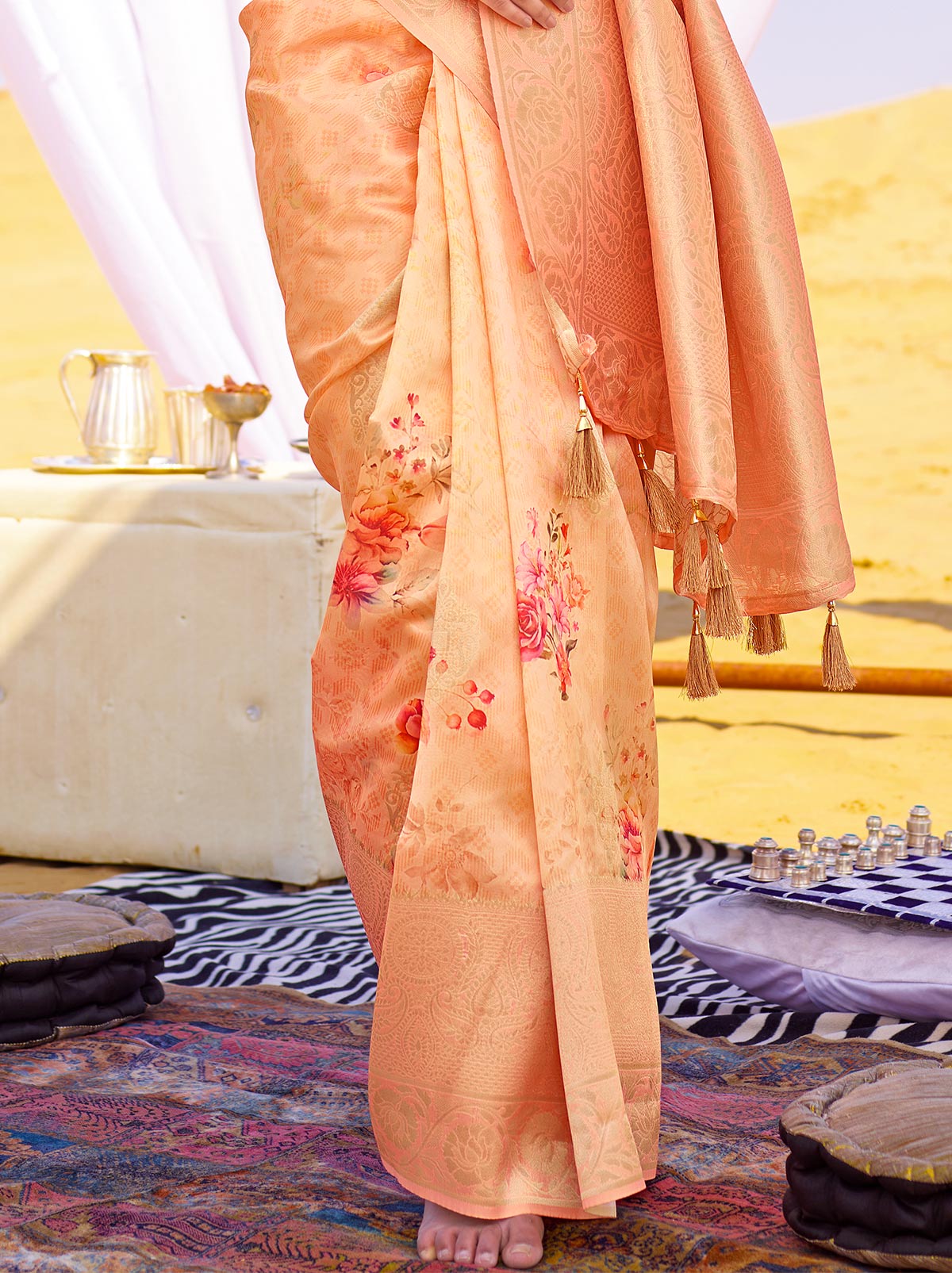Remarkable Double Tone Peach Coloured Jacquard Digital Art Silk Saree - TrendOye