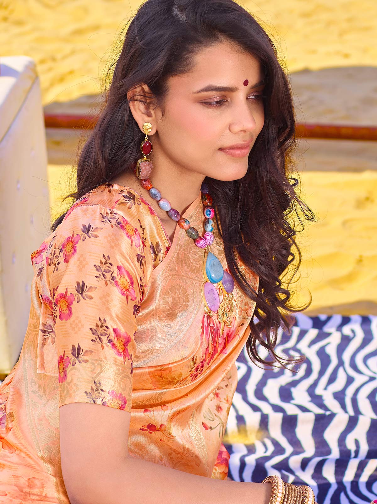 Remarkable Double Tone Peach Coloured Jacquard Digital Art Silk Saree - TrendOye