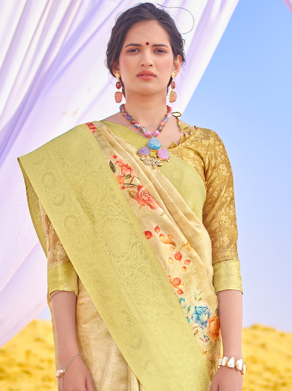 Amazing Double Tone Yellow Coloured Jacquard Digital Art Silk Saree - TrendOye