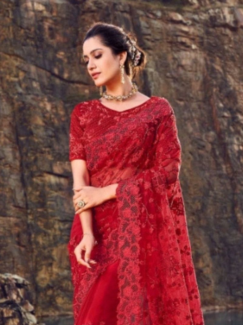 Regal Red Premium Net Saree with Floral Embroidery - TrendOye