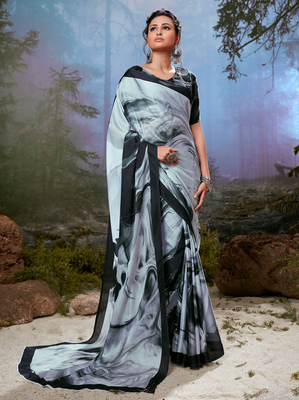 Appealing Digital Satin Silk Saree in Black - TrendOye