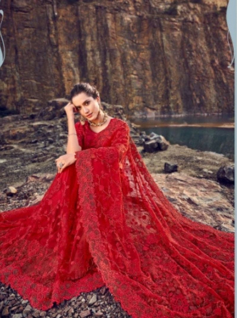 Regal Red Premium Net Saree with Floral Embroidery - TrendOye