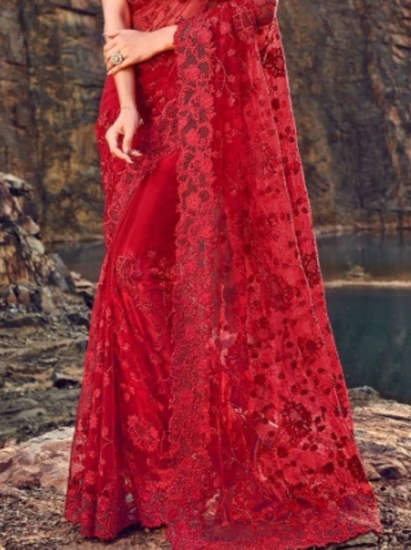 Regal Red Premium Net Saree with Floral Embroidery - TrendOye