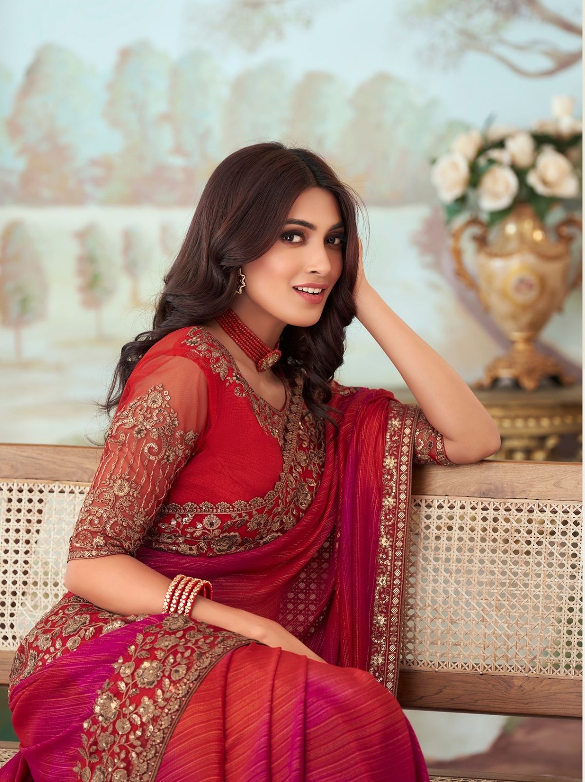Bold Red Designer Blended Silk Saree - TrendOye