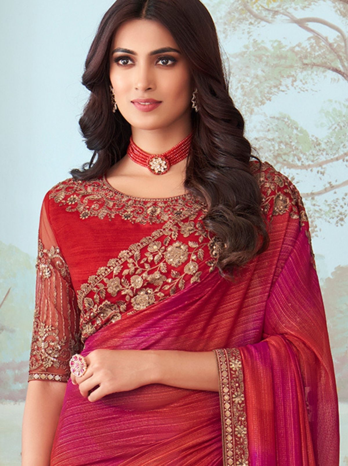 Bold Red Designer Blended Silk Saree - TrendOye