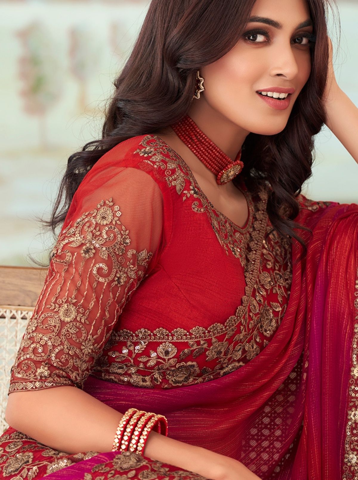 Bold Red Designer Blended Silk Saree - TrendOye