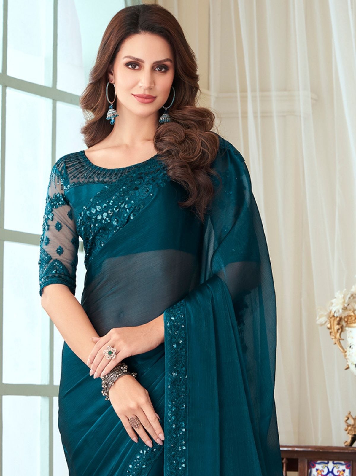 Splendidly Green Designer Saree With Sequin Designs - TrendOye
