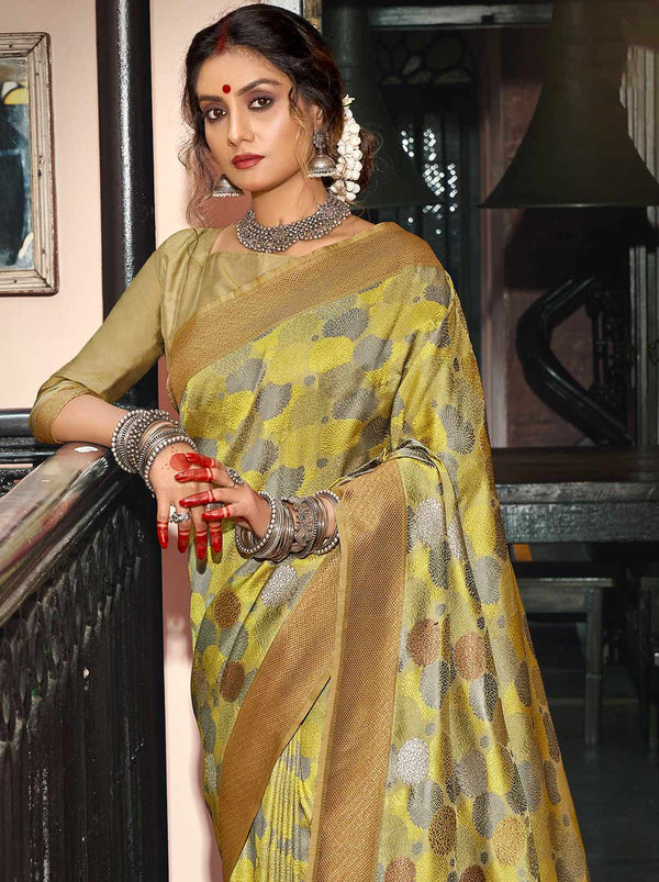 Glittering Gold-Yellow Banarasi Designer Silk Festive Saree - TrendOye