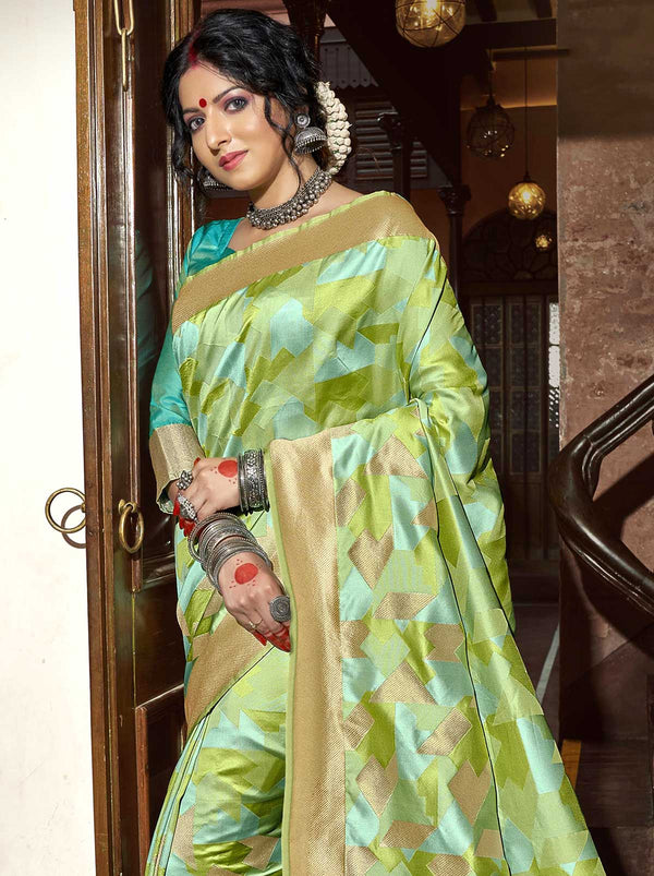 Stunning Green-Gold Banarasi Designer Silk Festive Saree - TrendOye