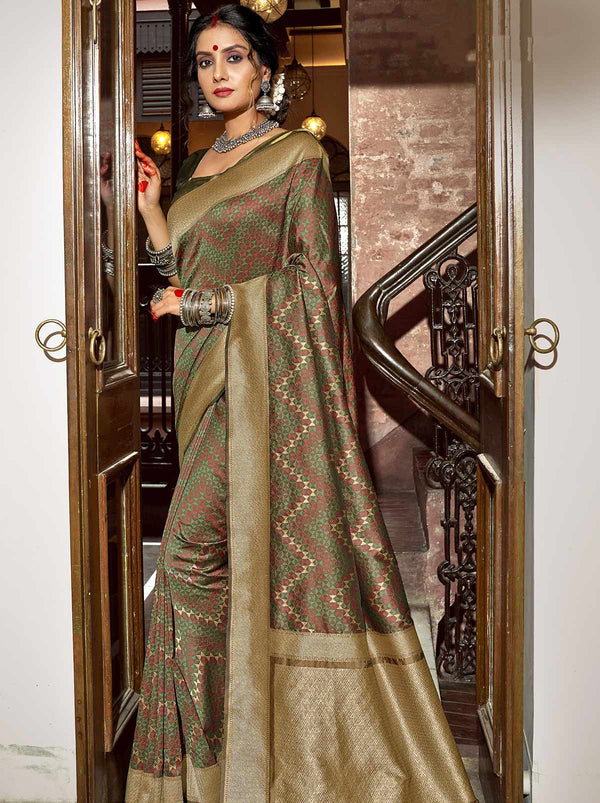 Graceful Gold-Green Banarasi Designer Festive Saree - TrendOye