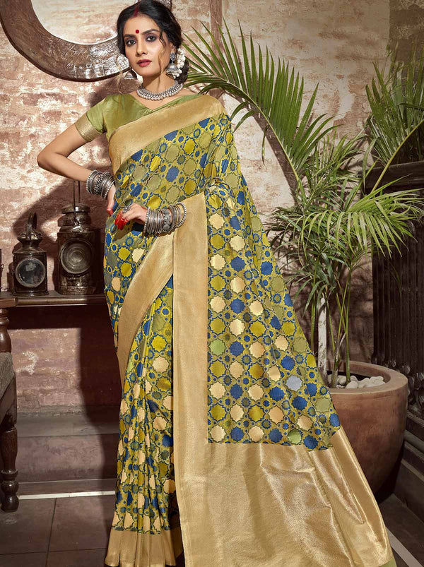 Bright Gold-Green Banarasi Designer Festive Saree - TrendOye