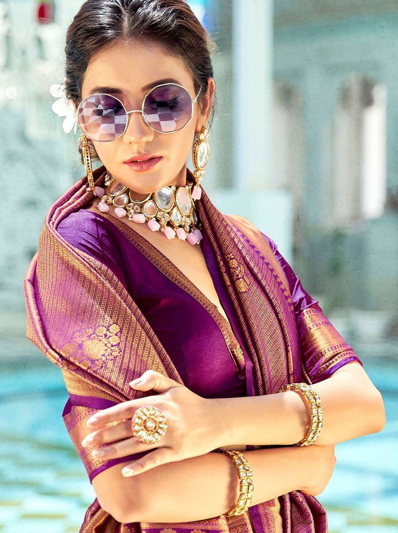 Palpable Purple Saree With Designer Blouse Piece - TrendOye