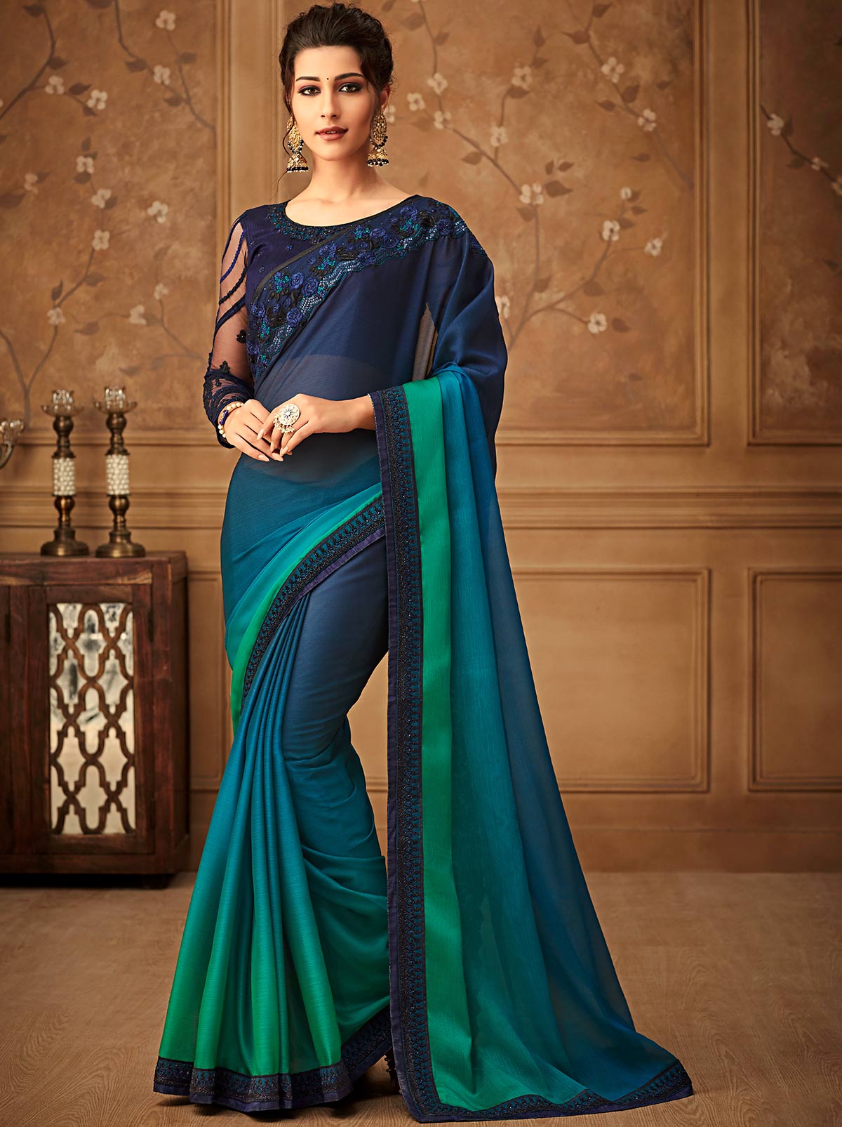 Majestic Blue Green gradient premium chiffon silk saree - TrendOye