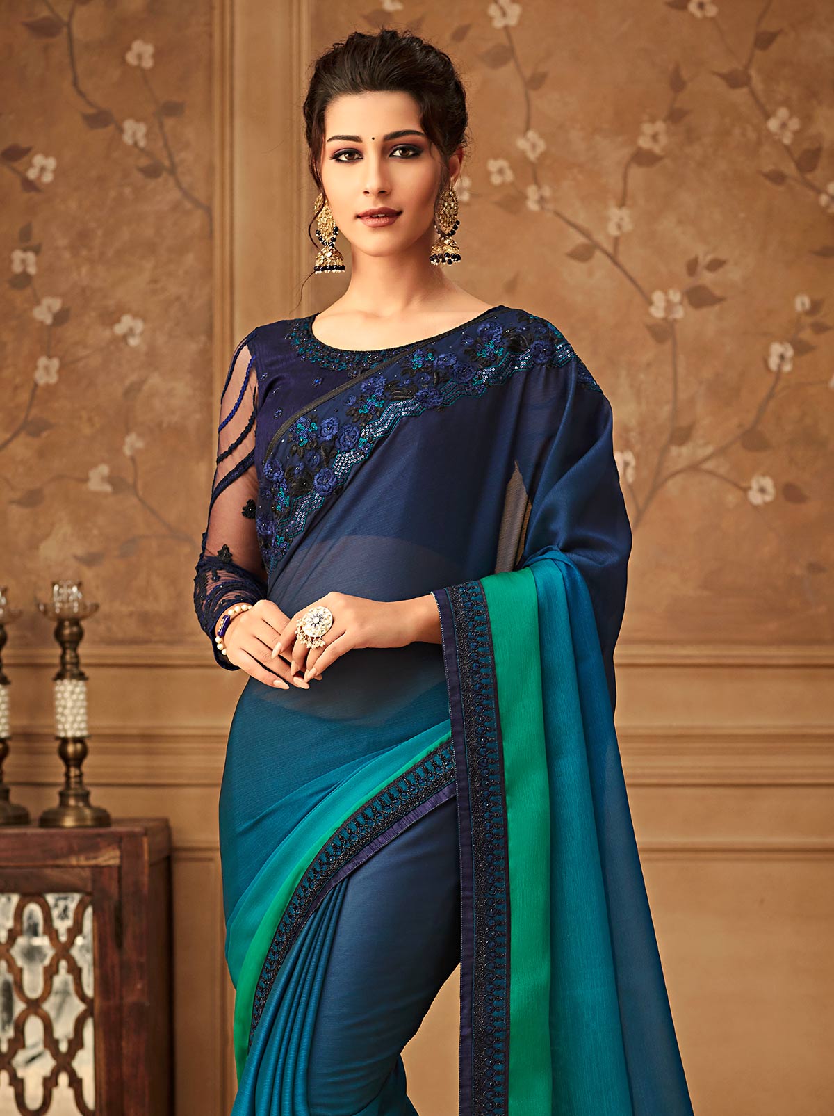 Majestic Blue Green gradient premium chiffon silk saree - TrendOye