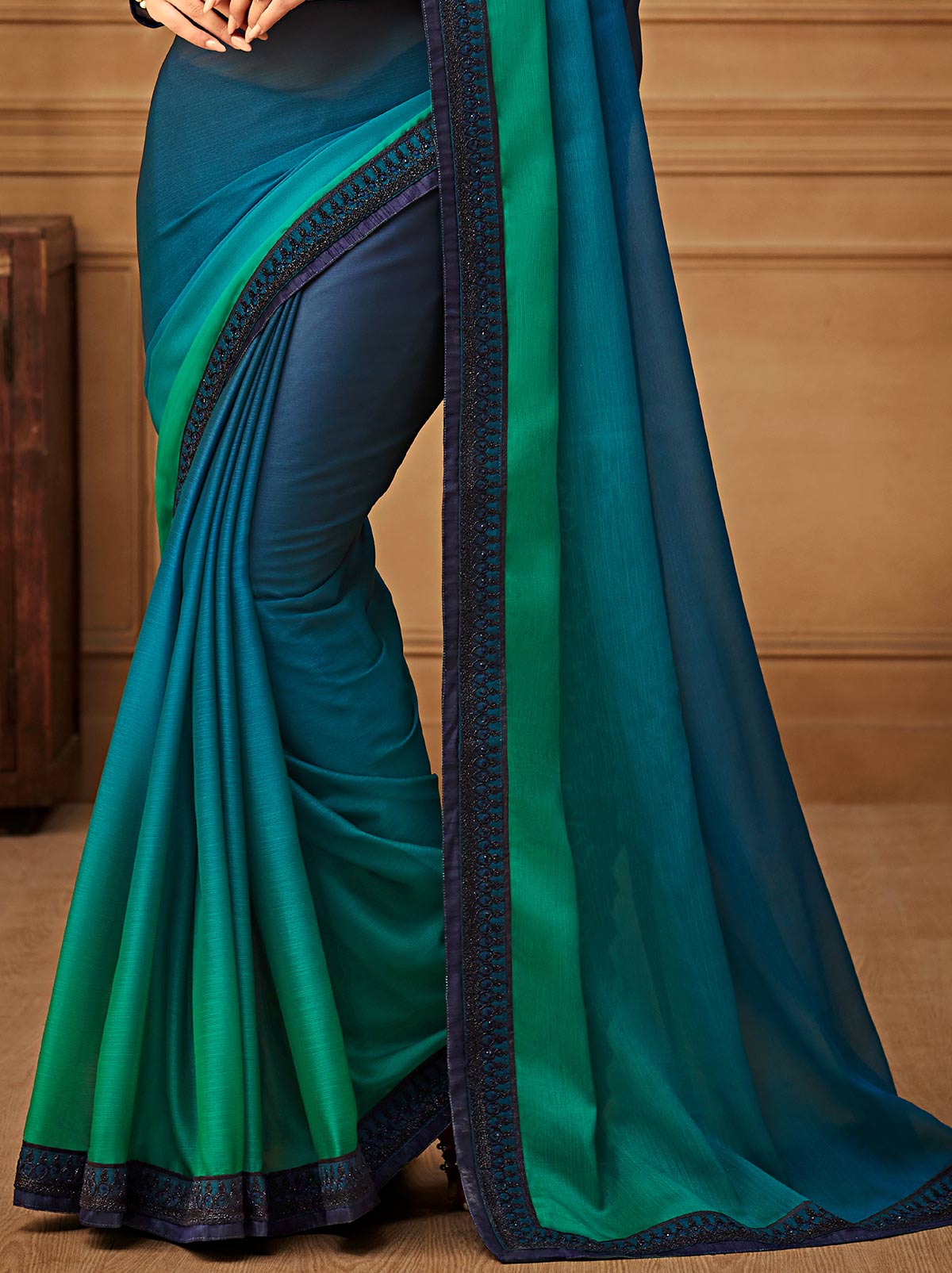 Majestic Blue Green gradient premium chiffon silk saree - TrendOye